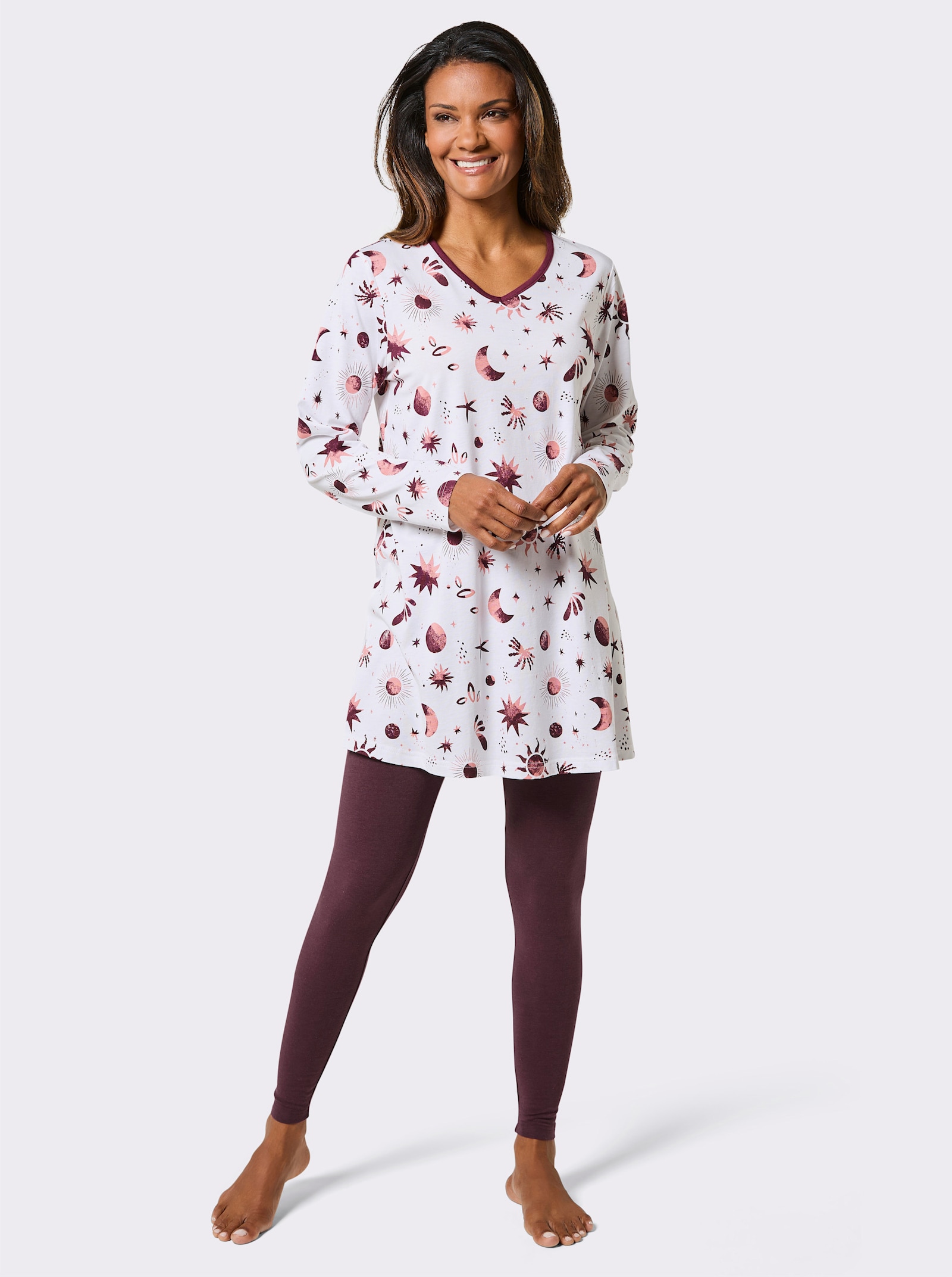 wäschepur Pyjama mit Sonne, Mond und Sternen - ecru-burgund-bedruckt