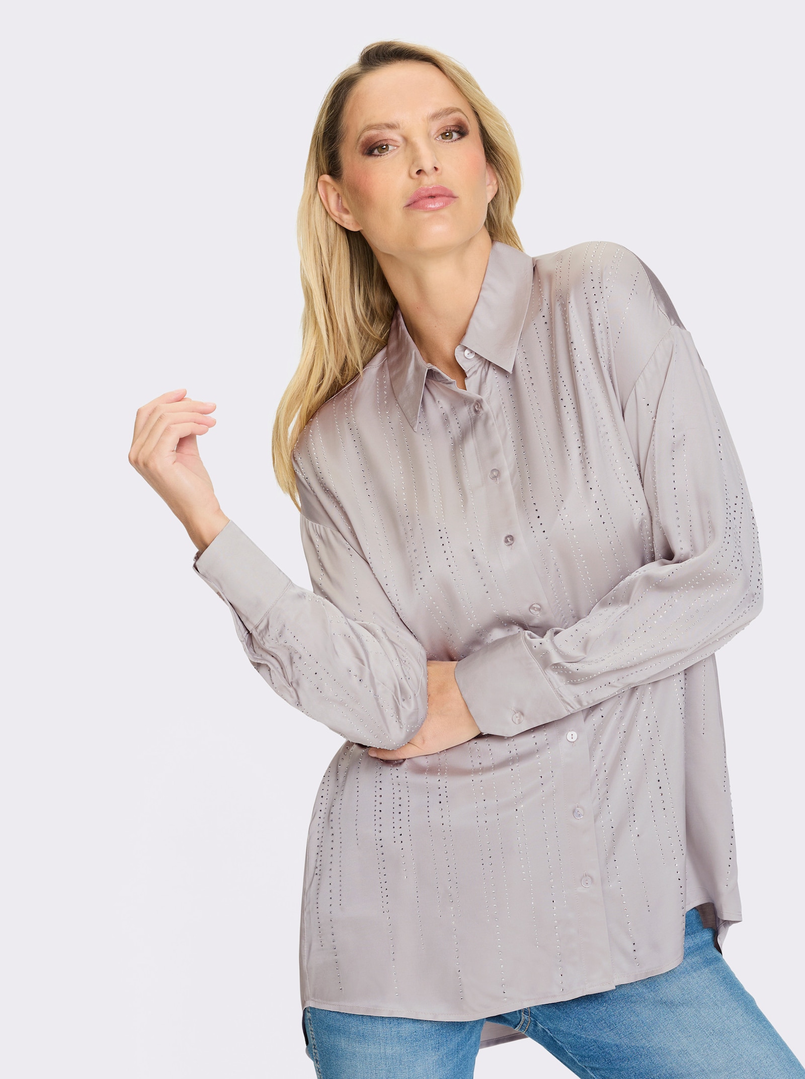 heine Longbluse mit Ziersteinen - hellgrau