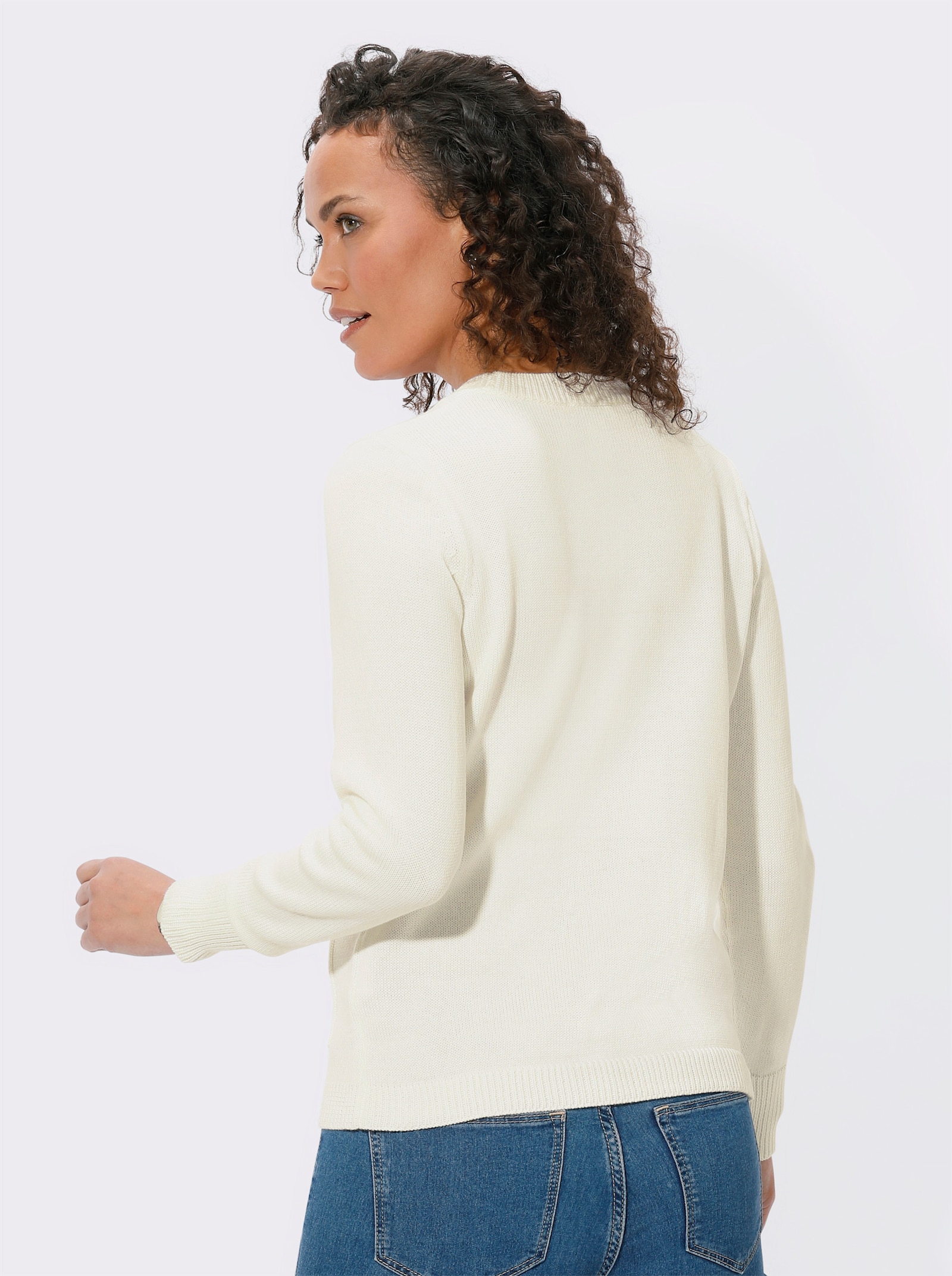 Rundhalspullover mit aufgesetzten Taschen - wollweiss