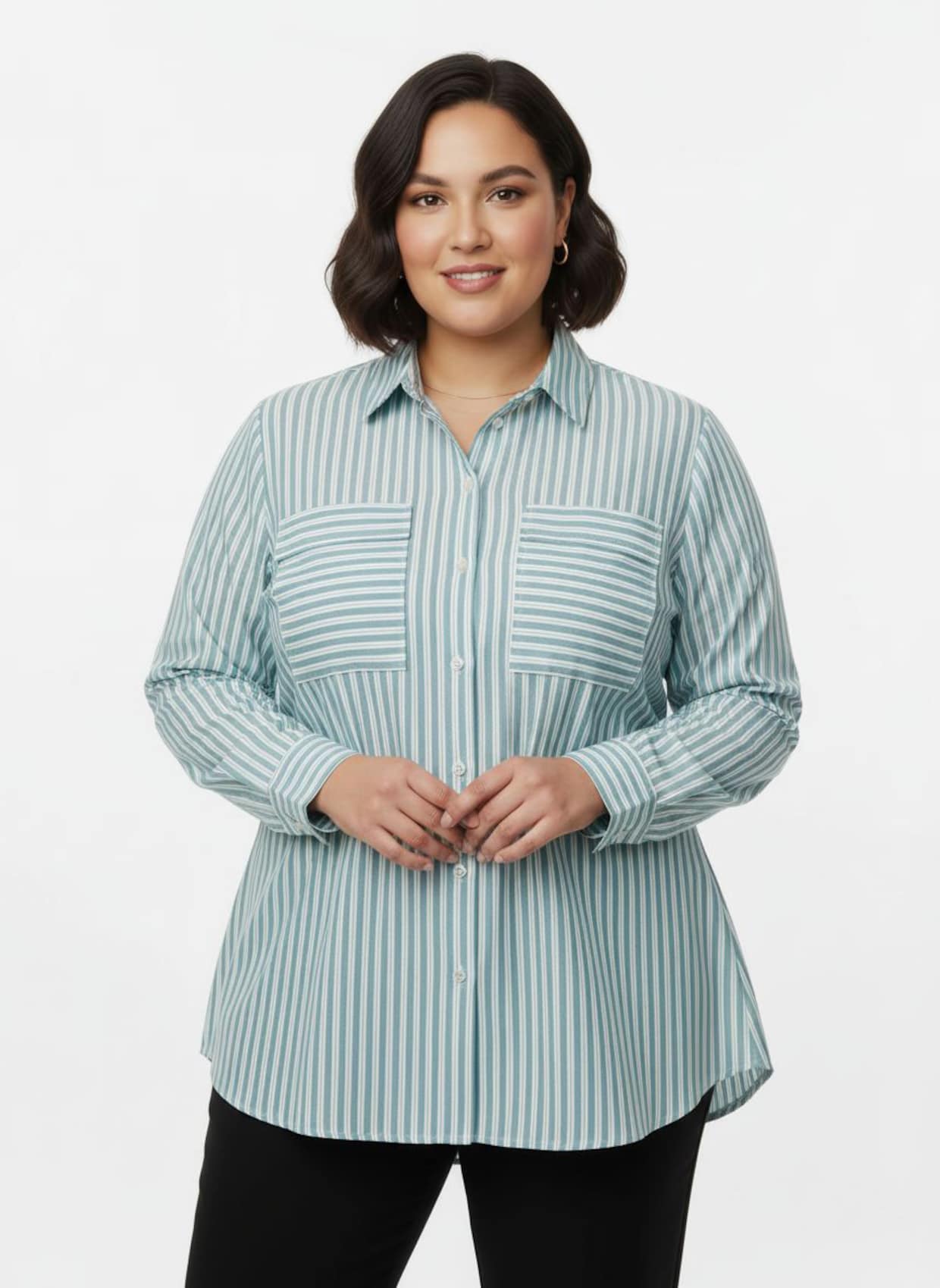 Gestreifte Bluse mit aufgesetzten Brusttaschen - ozean-weiß-gestreift