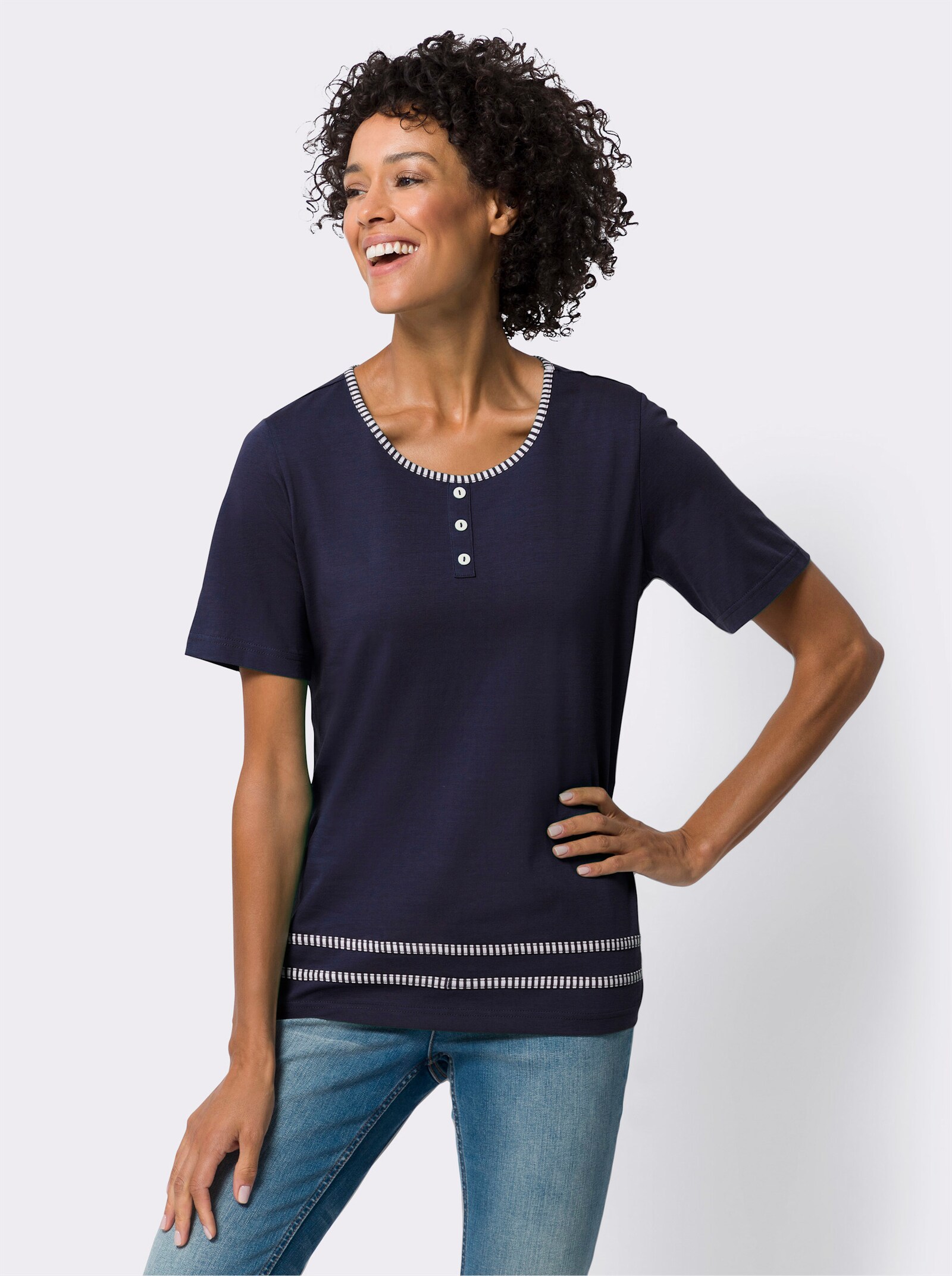 Tričko s kulatým výstřihem a paspulkou - námořnická modrá-ecru