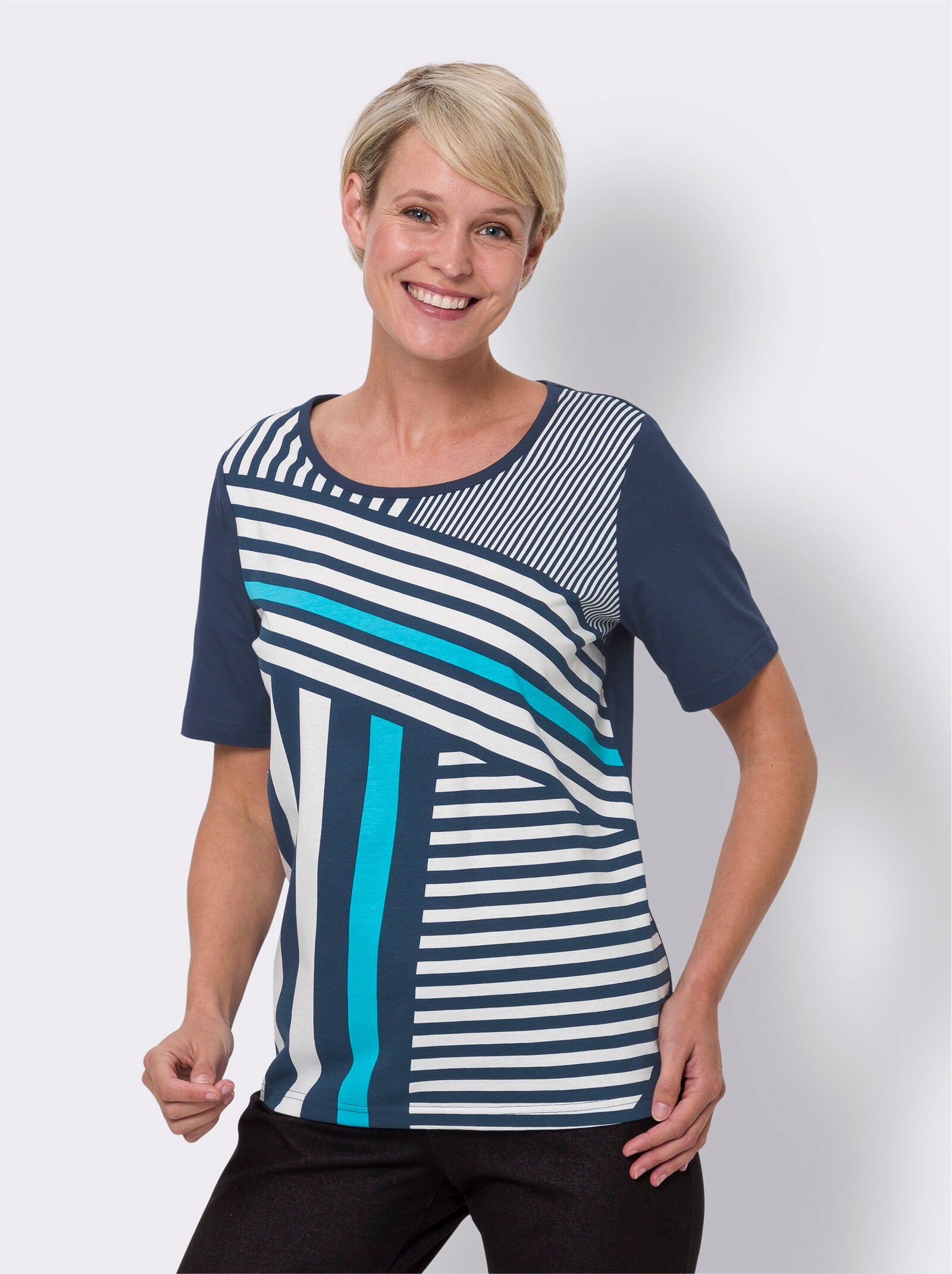 Tričko s krátkymi rukávmi a potlačeným vzorom vpredu - Tmavomodro-tyrkysová