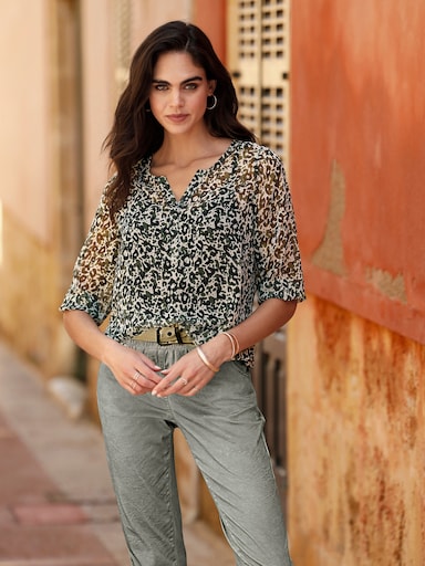 heine Druckbluse - khaki-schwarz-bedruckt
