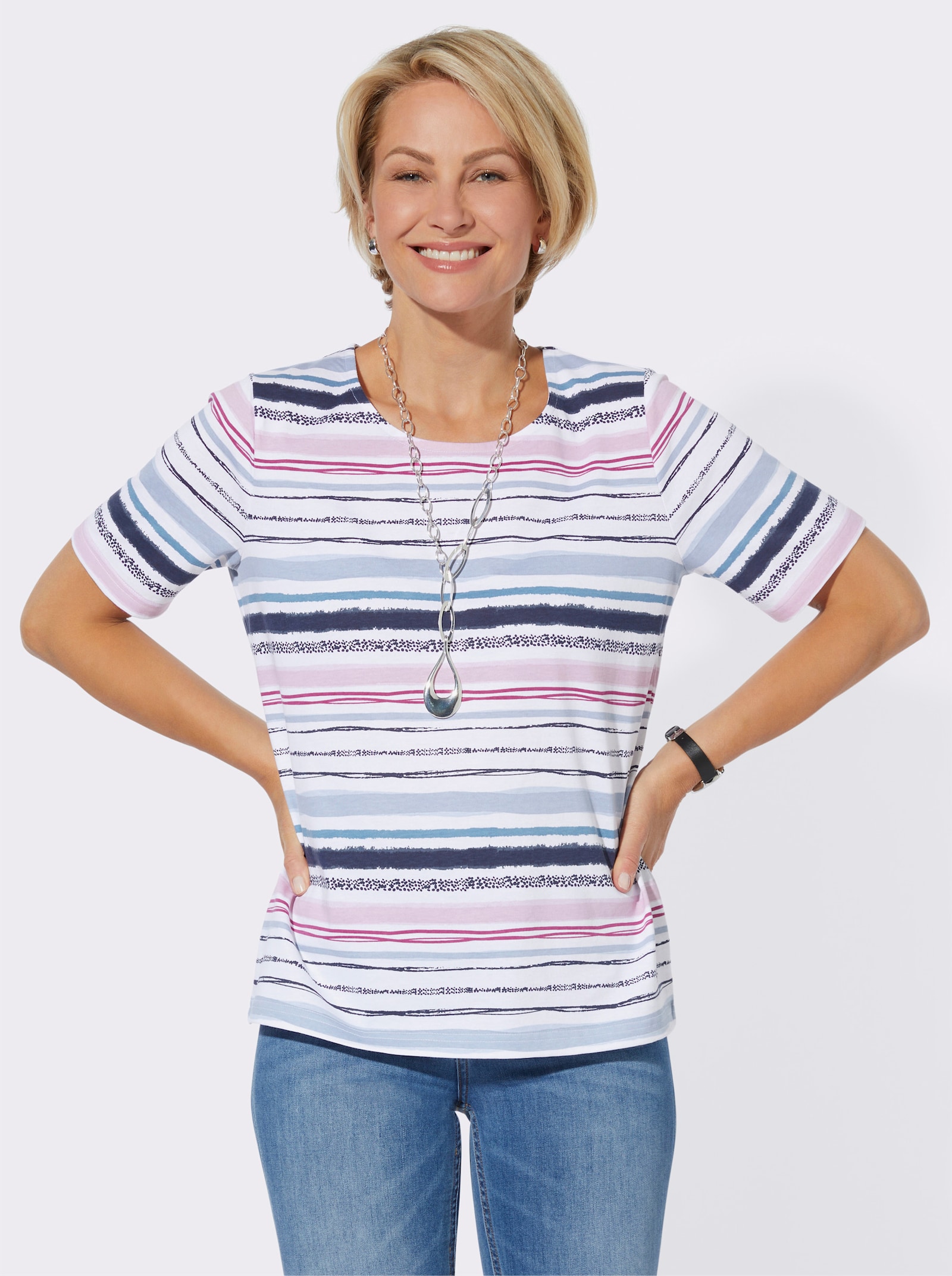 Randig topp av ren bomull - blekblå-rosé-randig