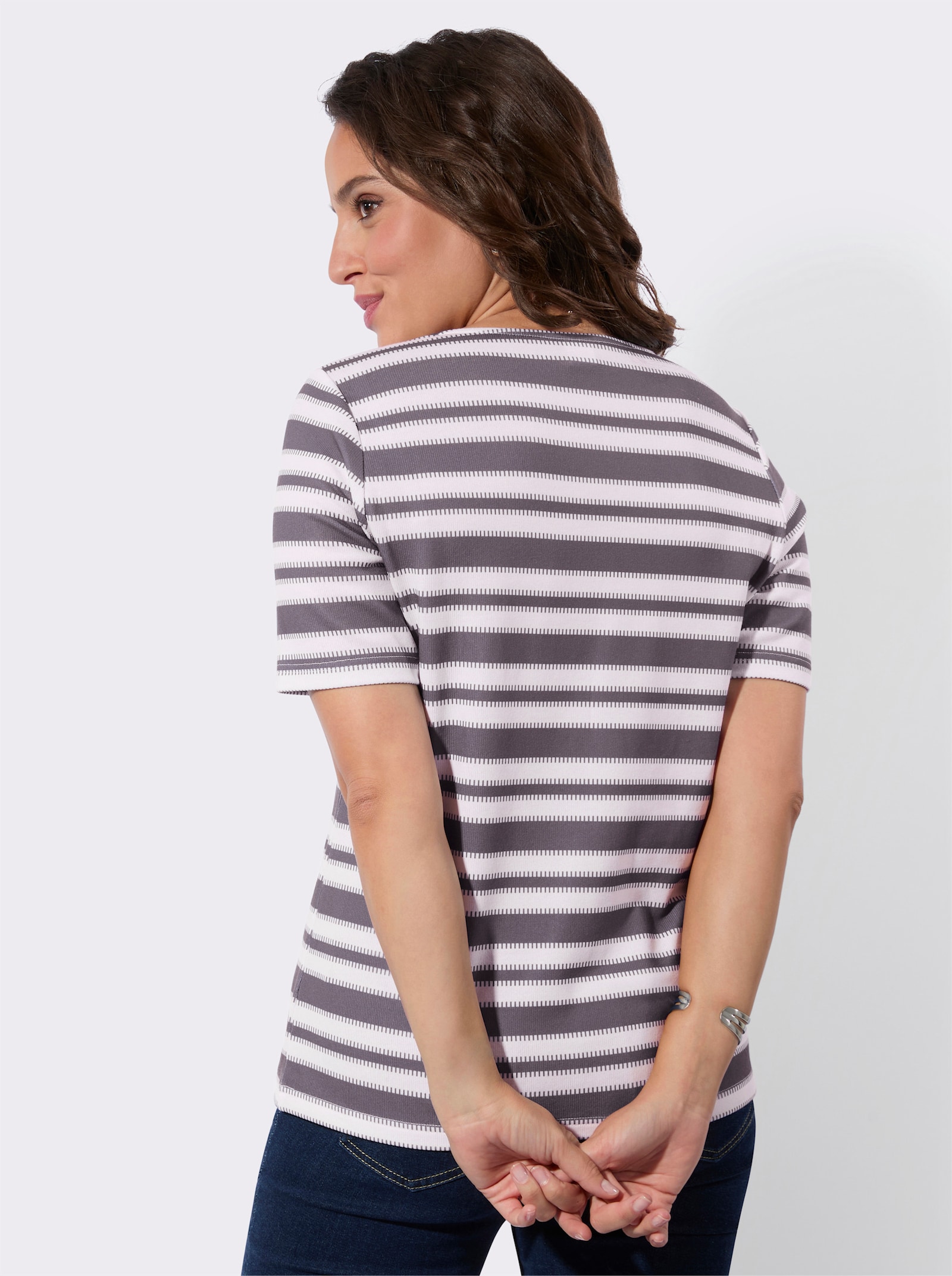 Kurzarmshirt in innen angerauter Qualität - anthrazit-weiß-geringelt