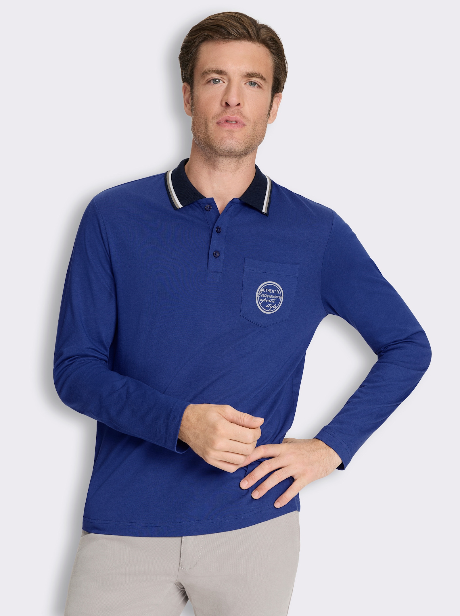 Langarm-Poloshirt mit Brusttasche - royalblau