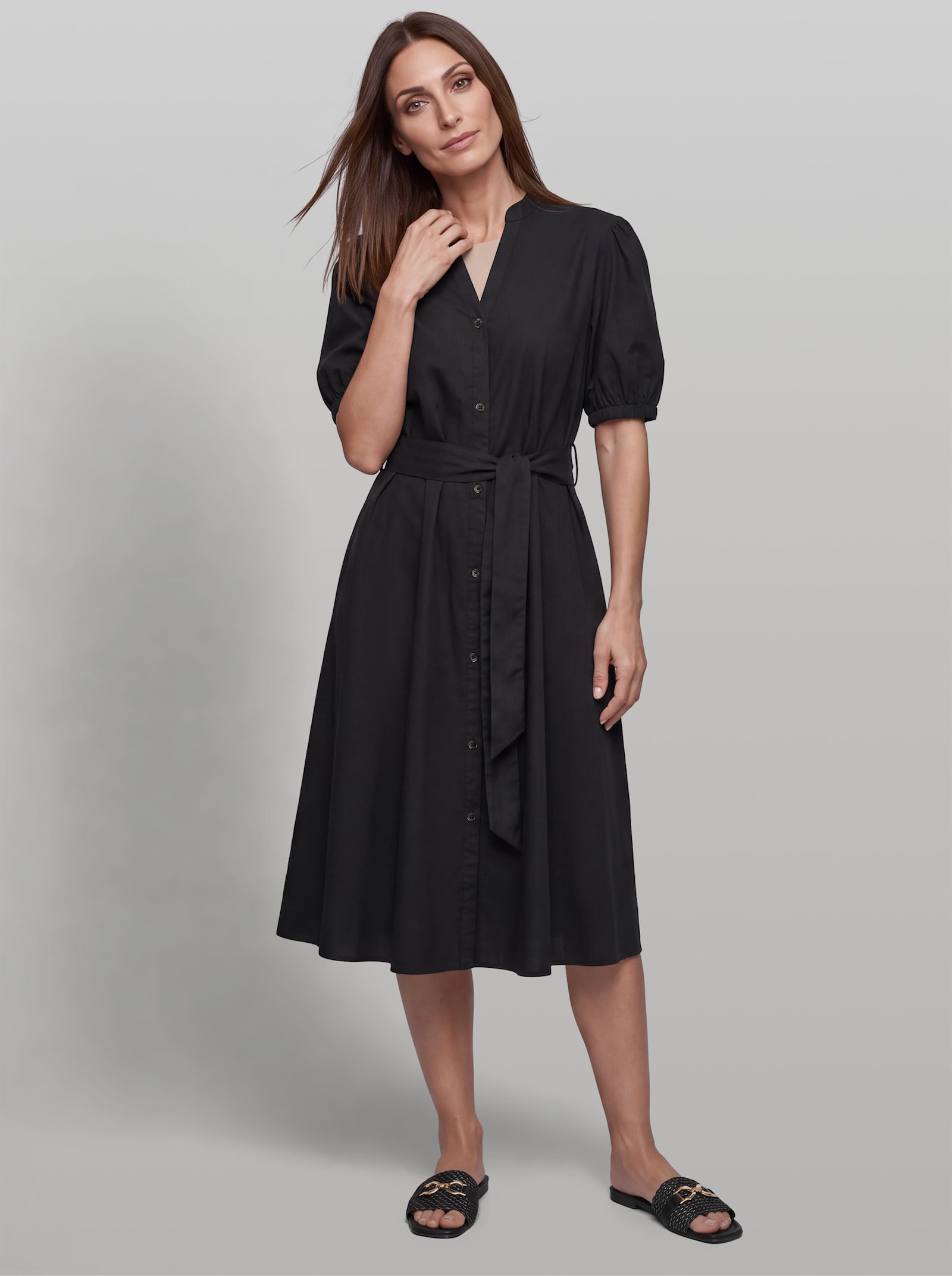 heine Baumwollkleid mit Bindegürtel - schwarz