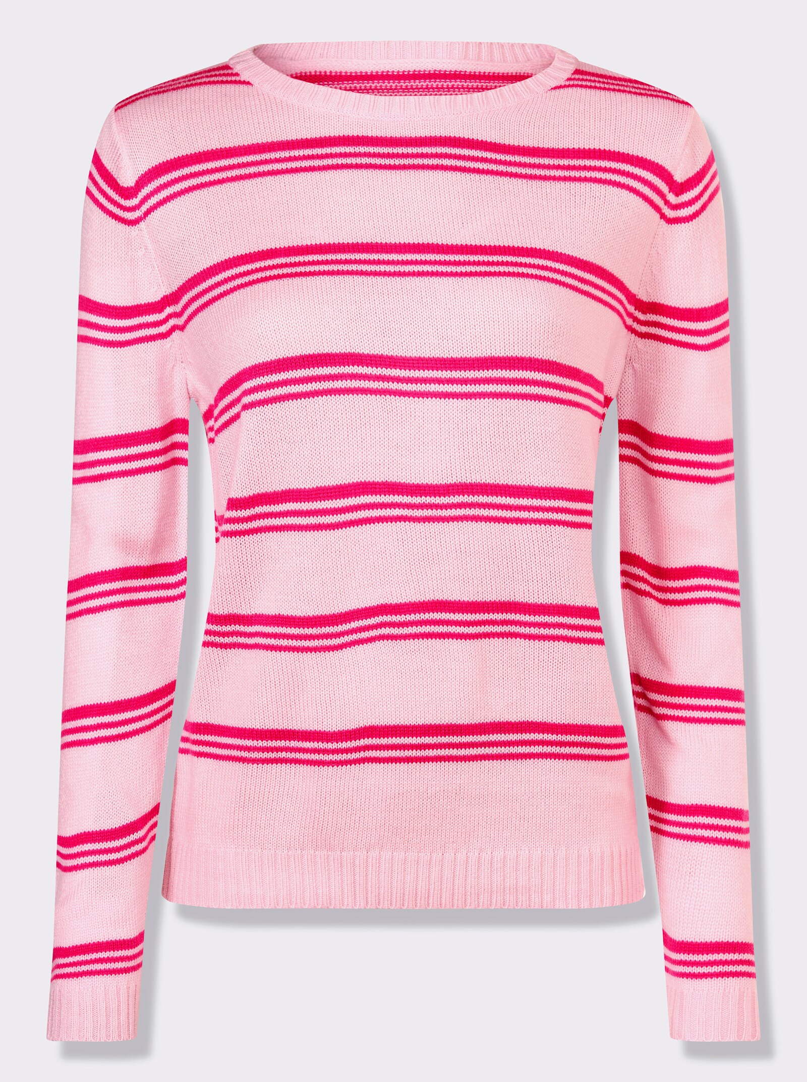 Rundhalspullover im Ringel-Dessin - hellrosé-fuchsia-geringelt