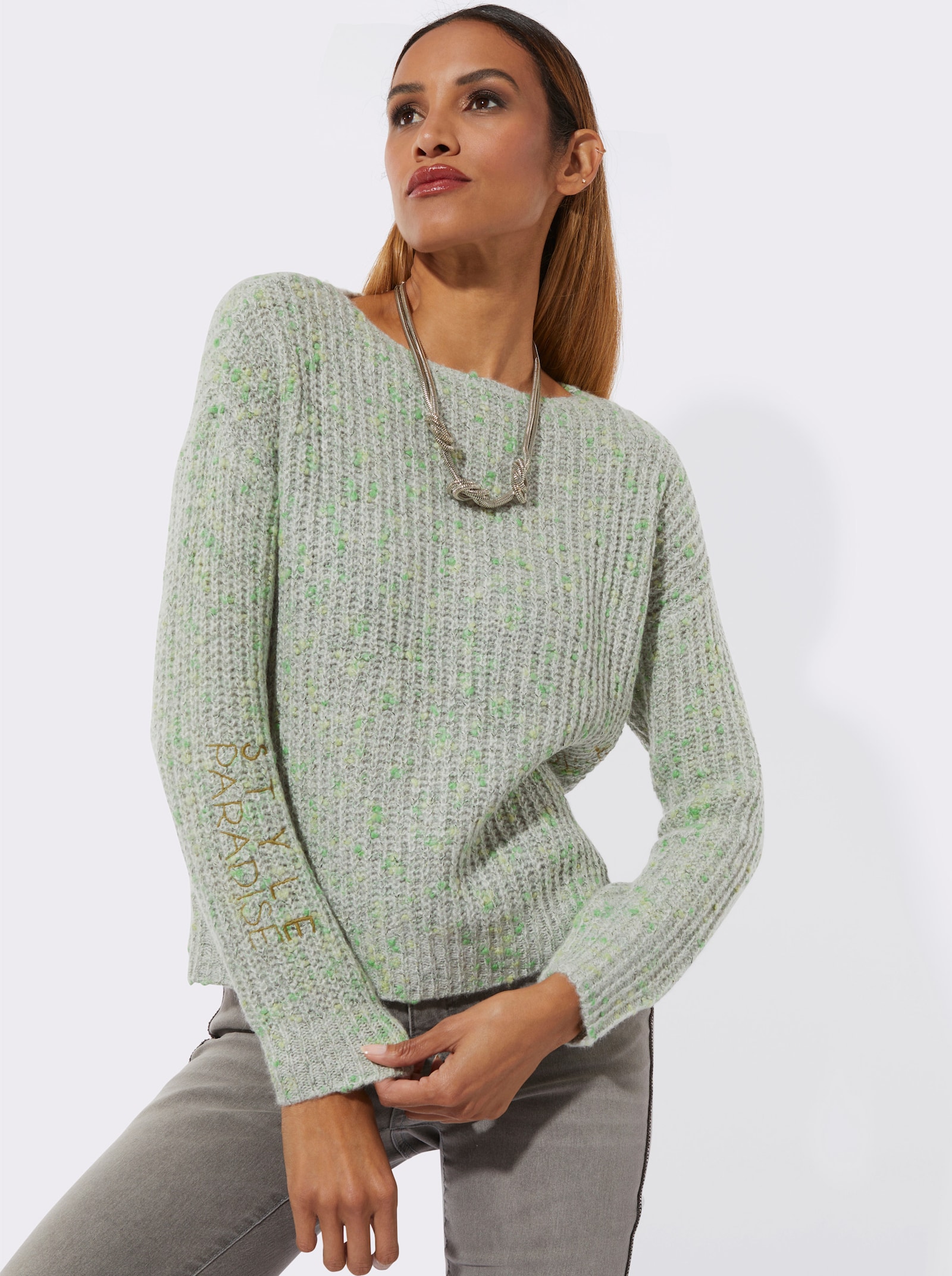 Langarm-Pullover mit Stickerei - apfel-pistazie-gemustert