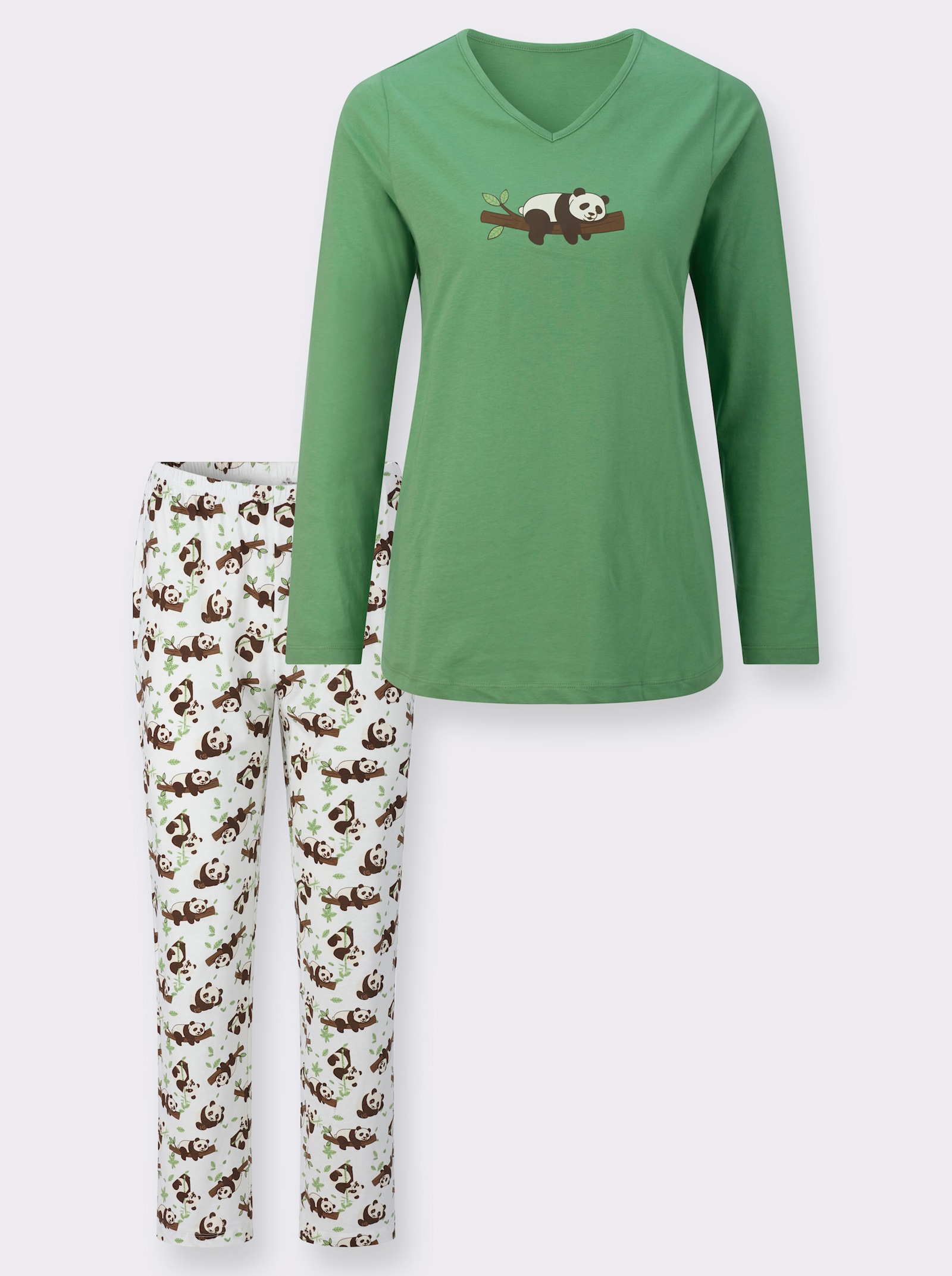 Schlafanzug mit Panda-Motiv - apfel-ecru-bedruckt