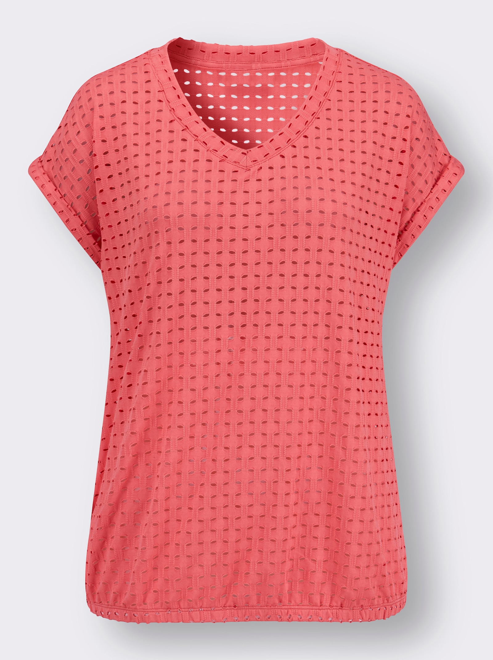 Kurzarmshirt mit Lochmuster - koralle