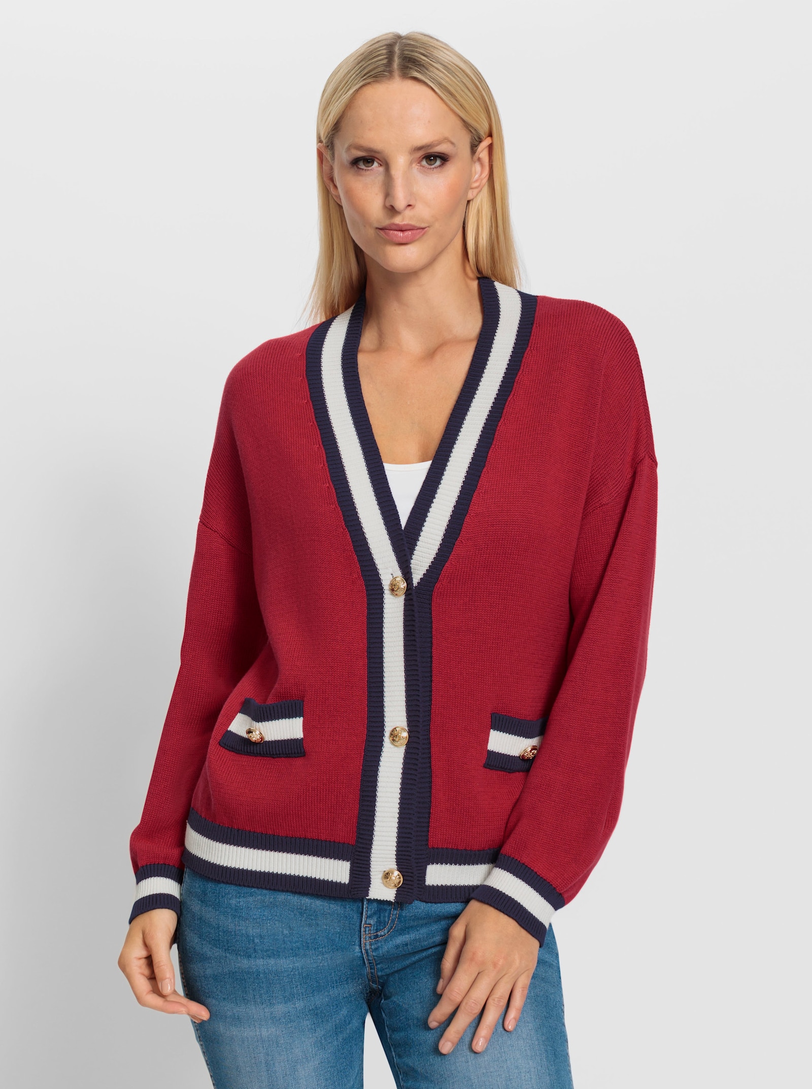 heine Strickjacke mit Color-Blocking - rot-marine-gemustert