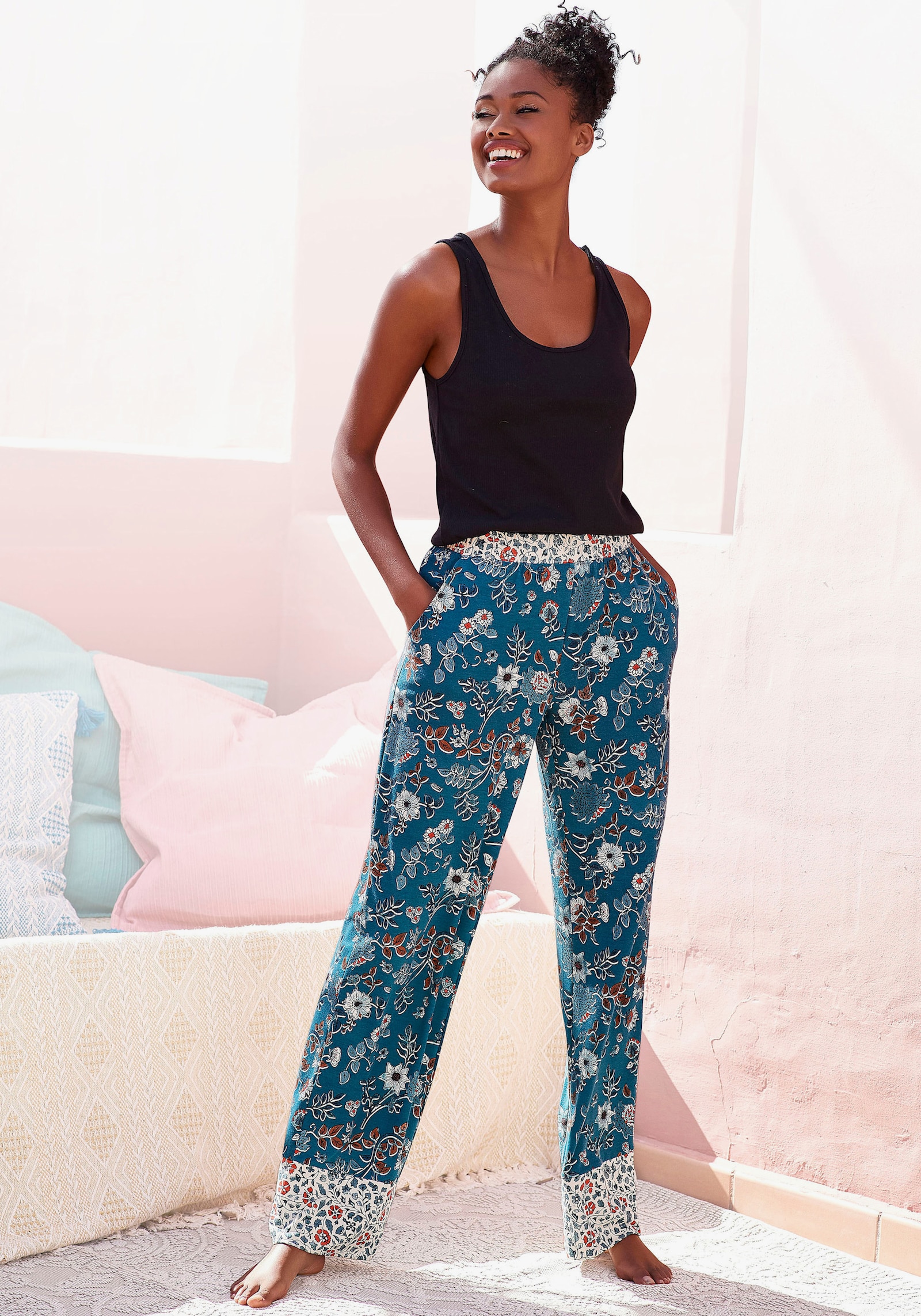 LASCANA Schlafhose - rauchblau-ecru