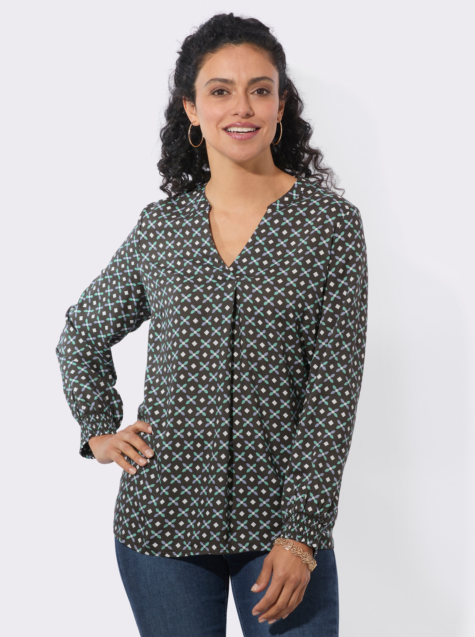 Longbluse mit Falte hinten - graphit-salbei-bedruckt