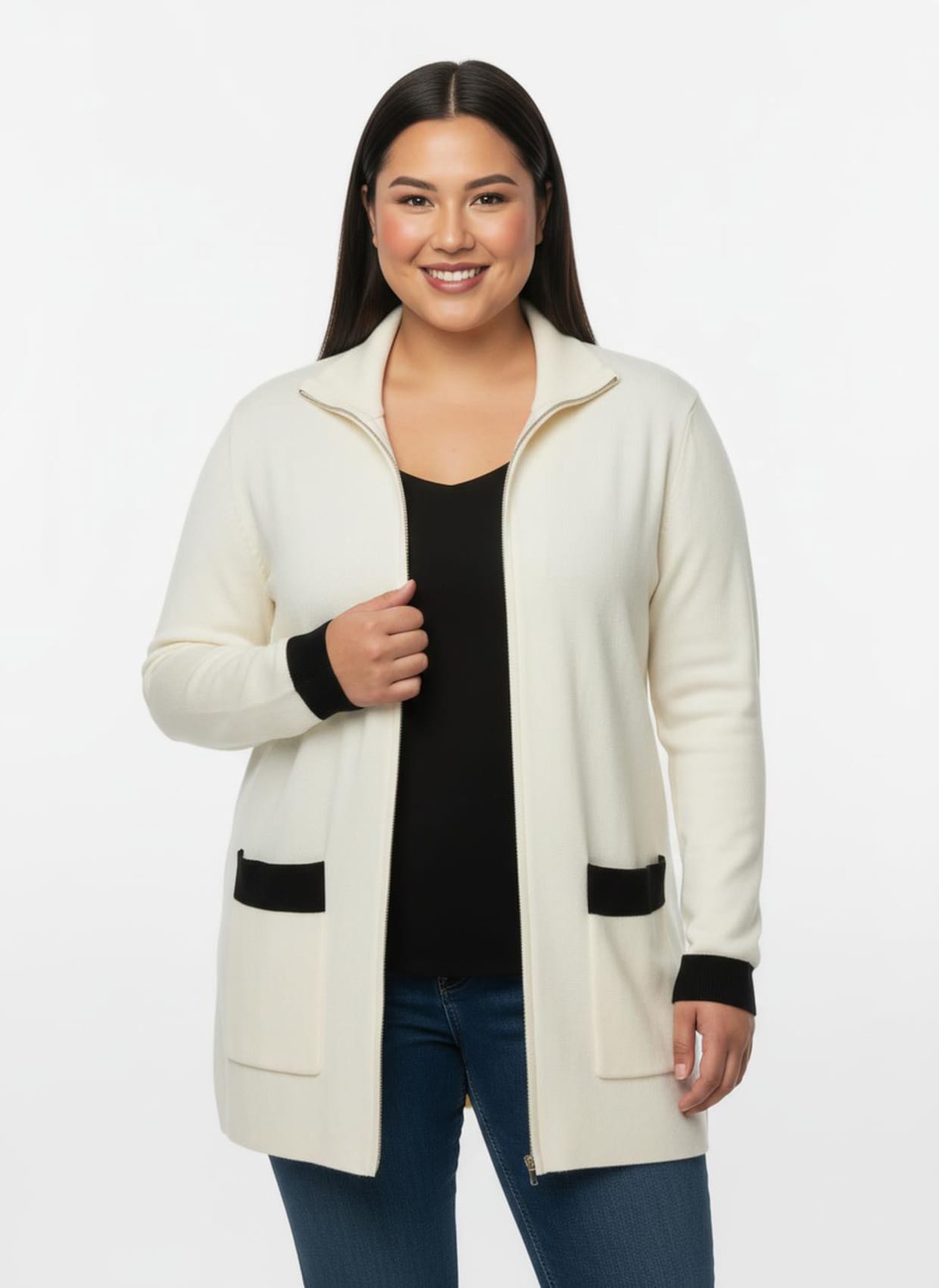 Longstrickjacke mit Reißverschluss - ecru-schwarz