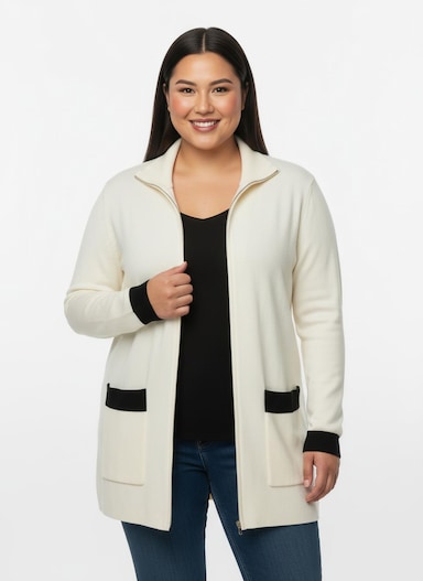 Longstrickjacke mit Reißverschluss - ecru-schwarz