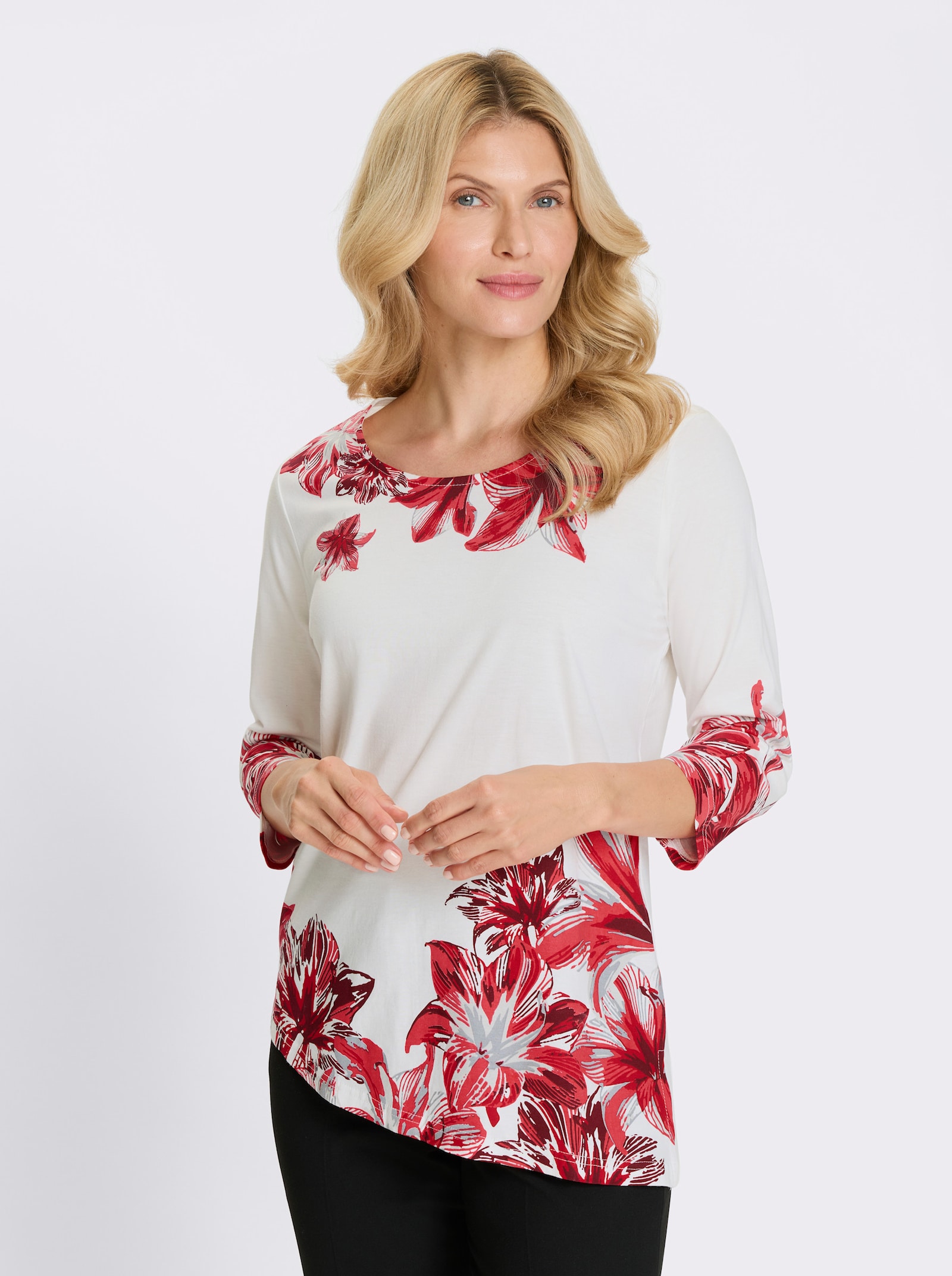 Tričko, okrúhly výstrih, kvetový vzor - Svetlobéžovo-červená potlač