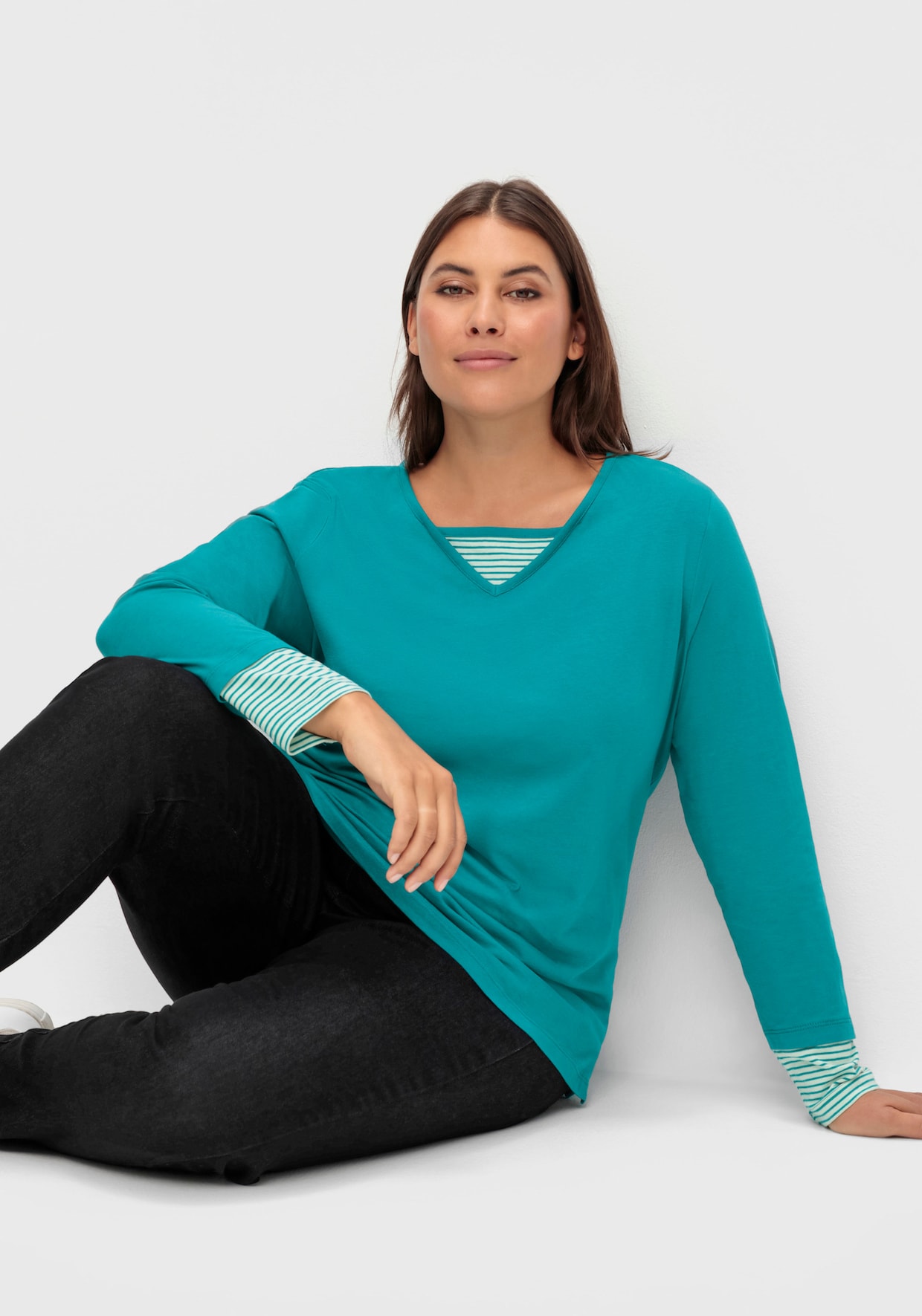 Langarmshirt mit garngefärbten Streifen - petrol