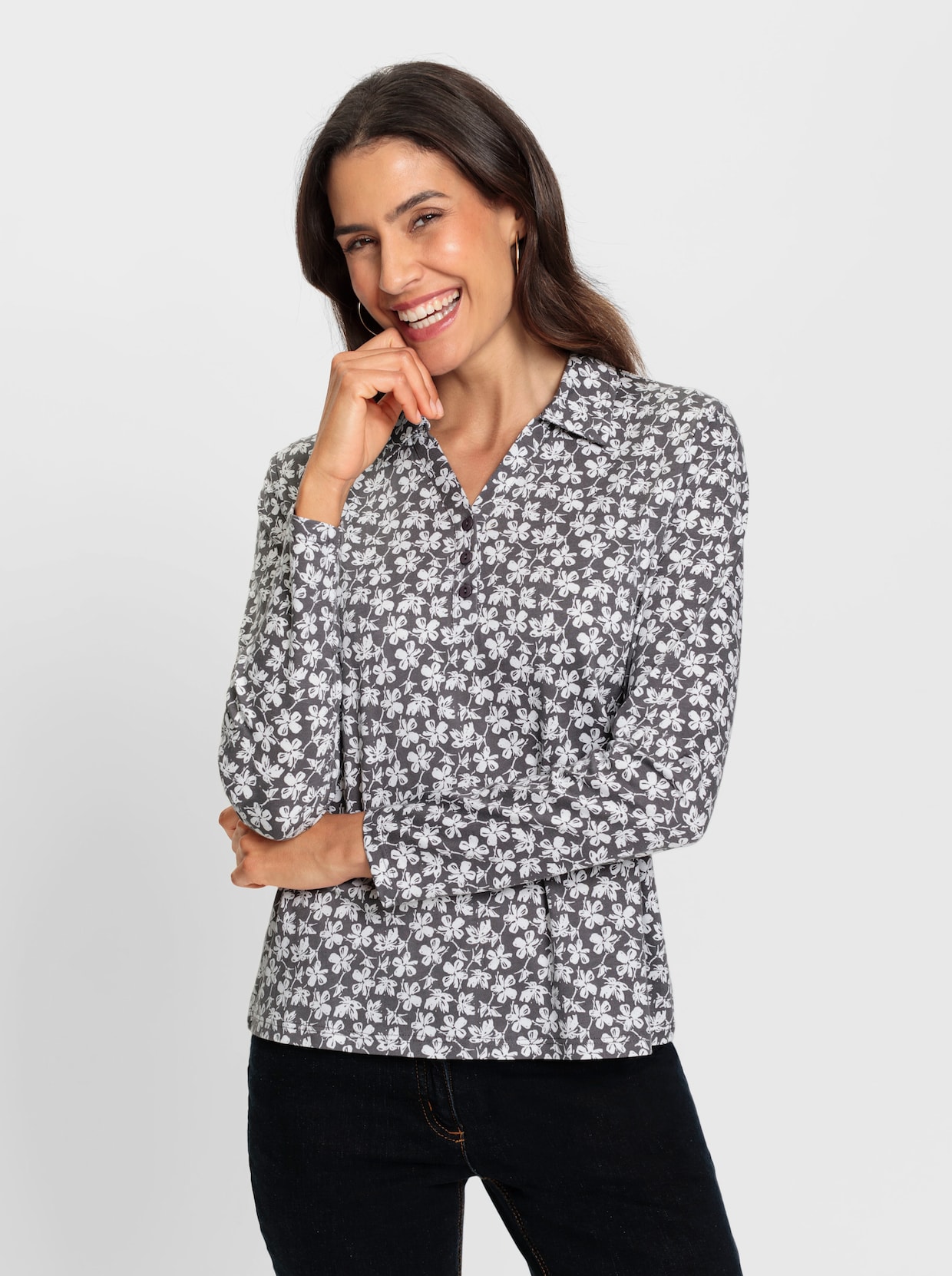 Print-Shirt - anthrazit-ecru-bedruckt