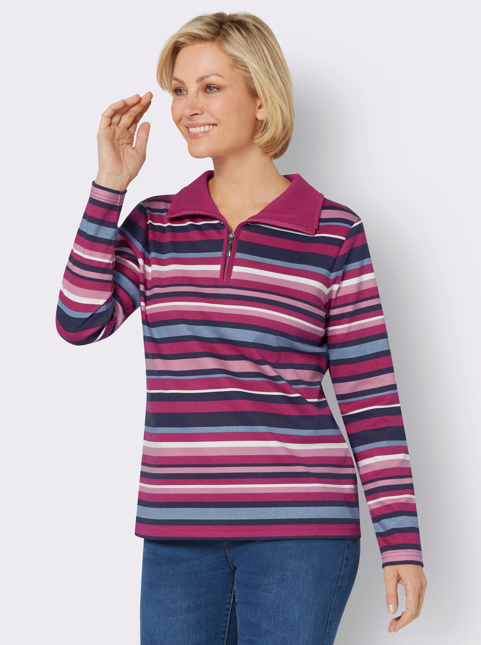 Sweatshirt mit Troyerkragen - marine-malve-geringelt