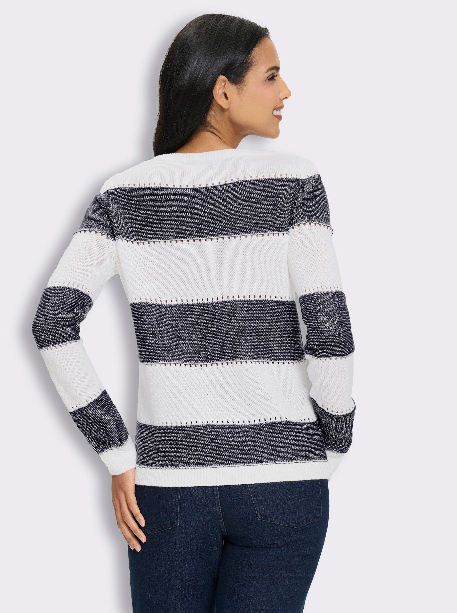 Langarm-Pullover mit Glanzgarn, Streifen-Muster - marine-ecru-gemustert