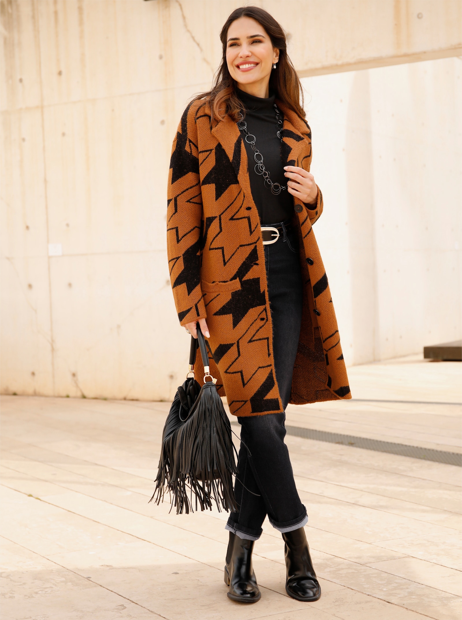 Strickmantel mit Hahnentritt-Muster - cognac-schwarz-gemustert