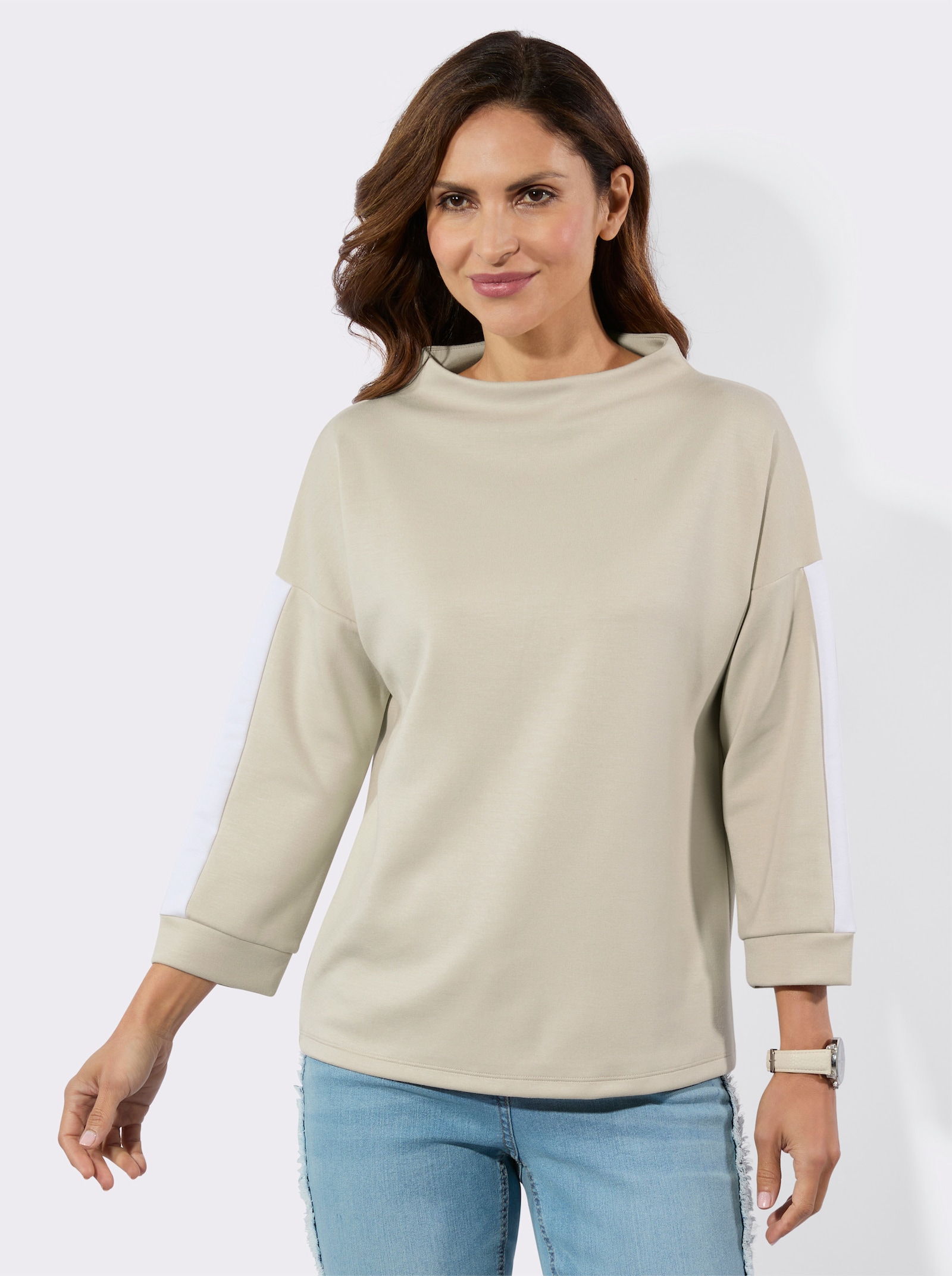 Stehkragenshirt mit Kontraststreifen - sand-weiss