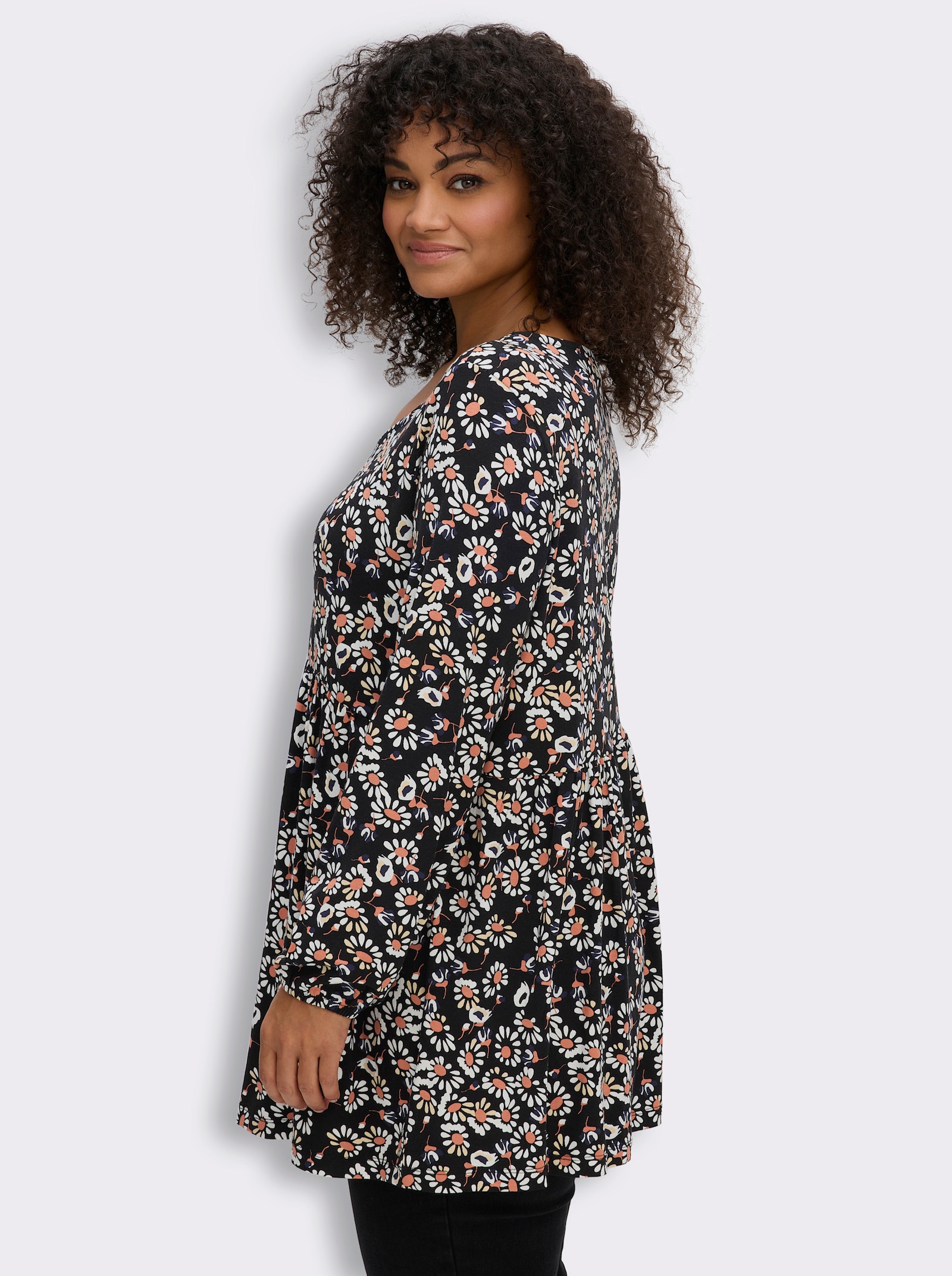 Tunikashirt in A-Linie - schwarz-papaya-bedruckt