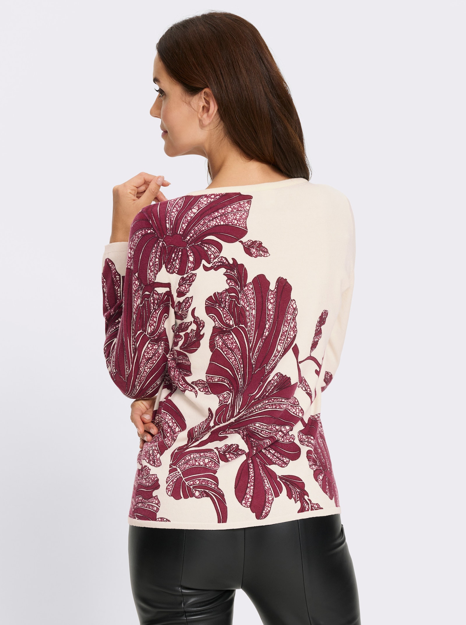 heine Pullover van fijntricot met kunstzinnige bladerprint - champagne/bordeaux bedrukt