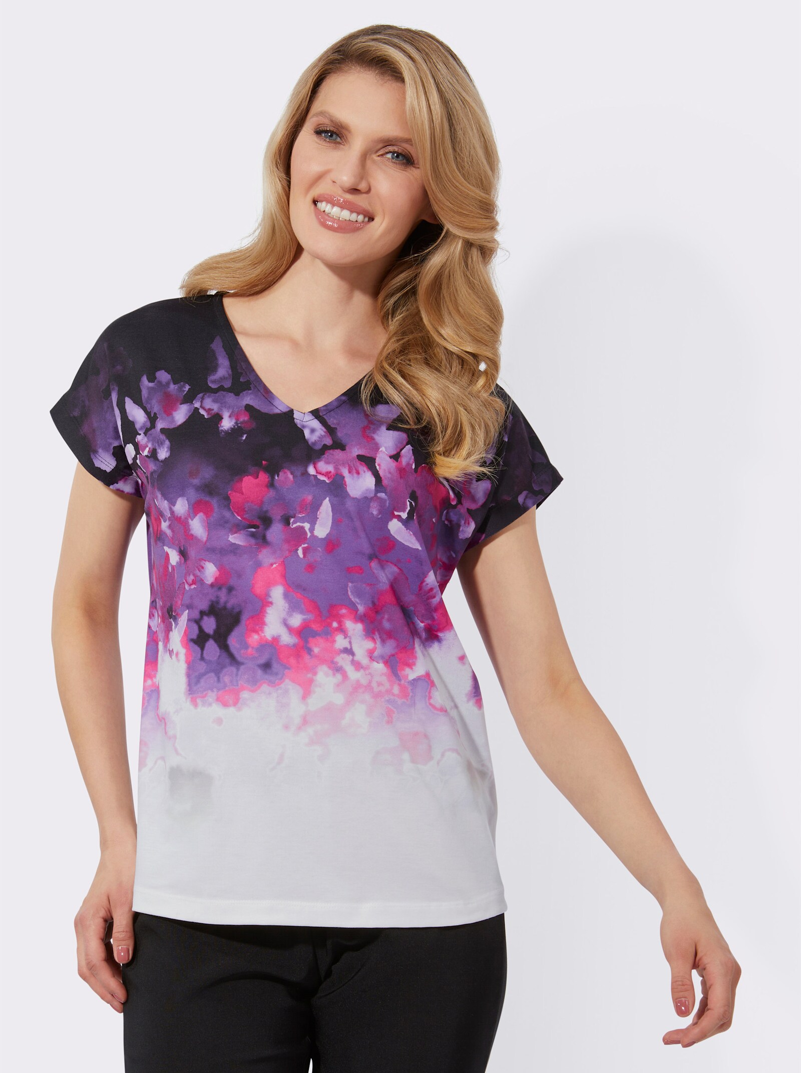 Blusenshirt mit überschnittenen Schultern - schwarz-flieder-bedruckt