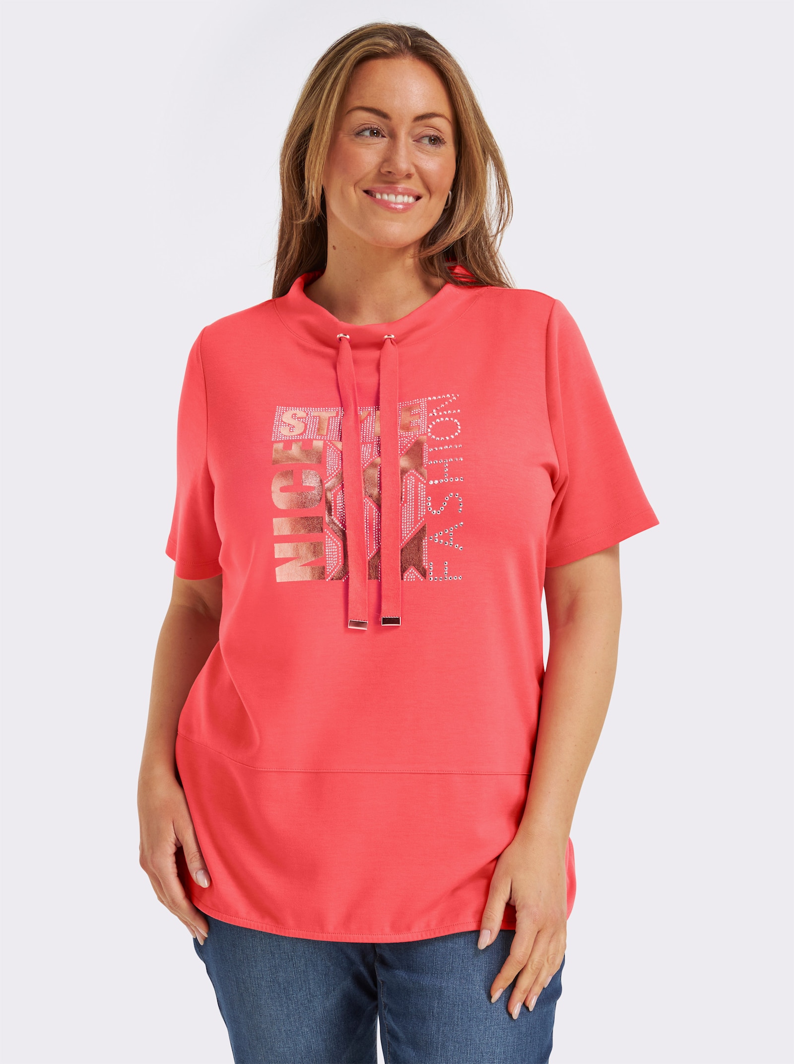 Kurzarmshirt mit Stehkragen - koralle