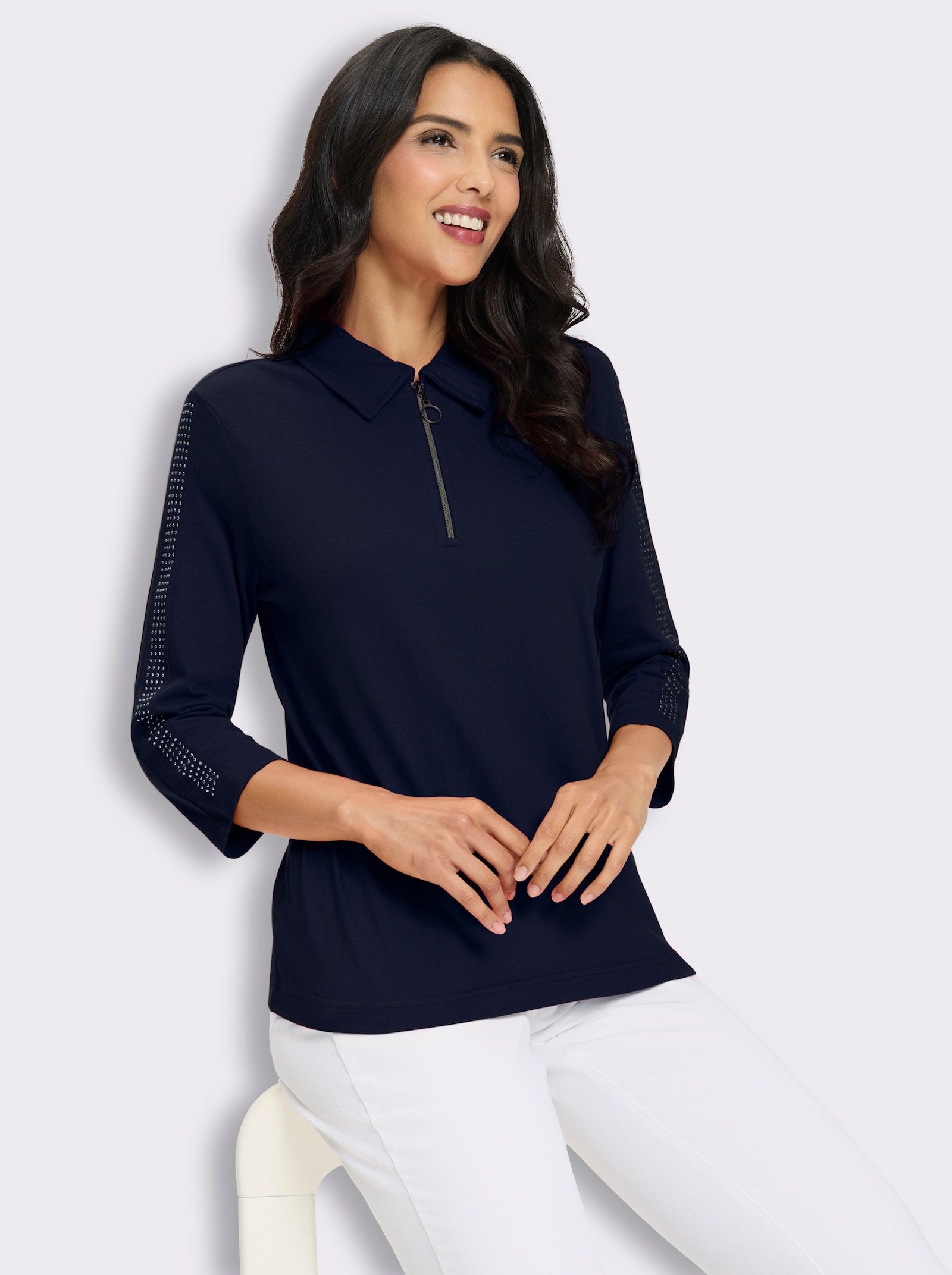 Poloshirt mit Glitzersteinchen - marine