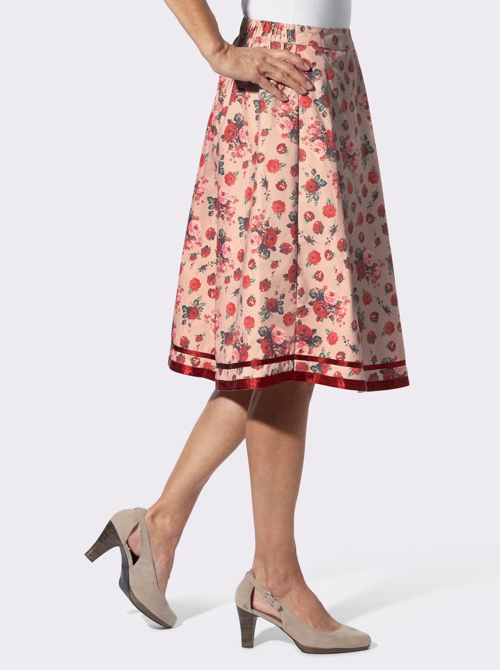 Trachtenrock in A-Form - beige-kirsche-bedruckt