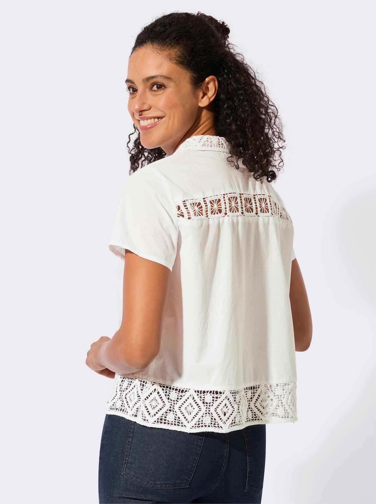 Baumwollbluse mit Spitzeneinsatz - ecru