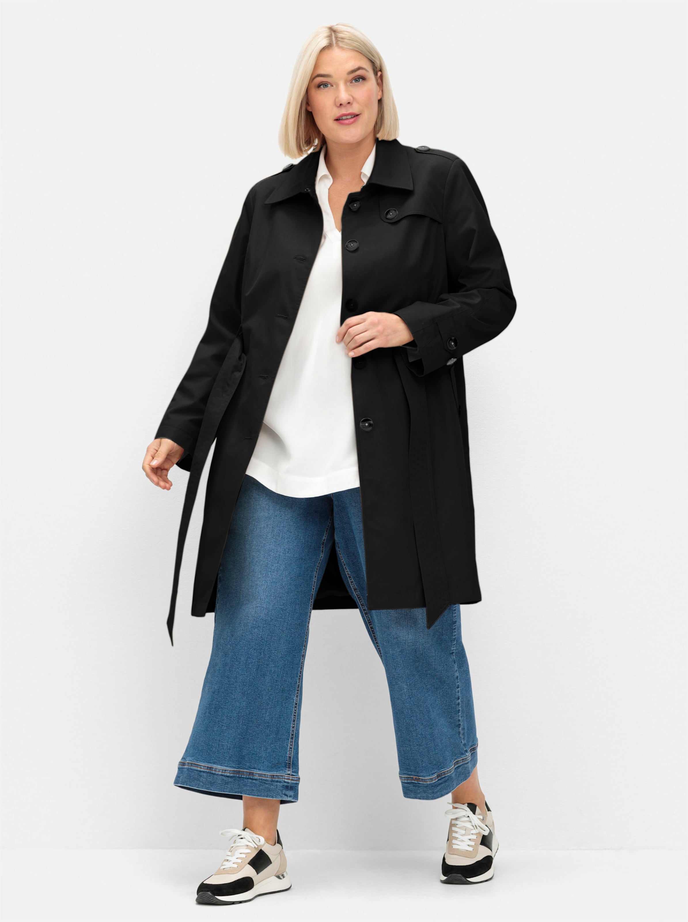 Sheego Damen Schwarz Trenchcoat Gr. 54, 64% Baumwolle, 36% Polyester, Unifarben, Unifarben Mit Farbeinsatz, Unifarben Mit Farbeinsätzen, Mäntel - Bild 4