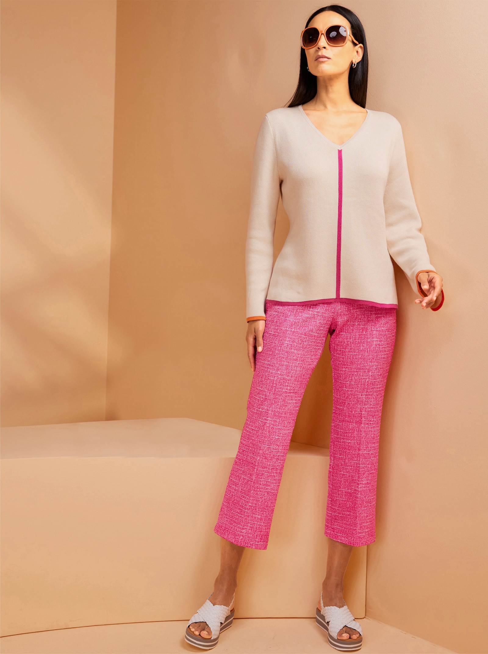 heine 7/8-Hose mit Strukturmuster und Dehnbund - fuchsia-elfenbein-meliert