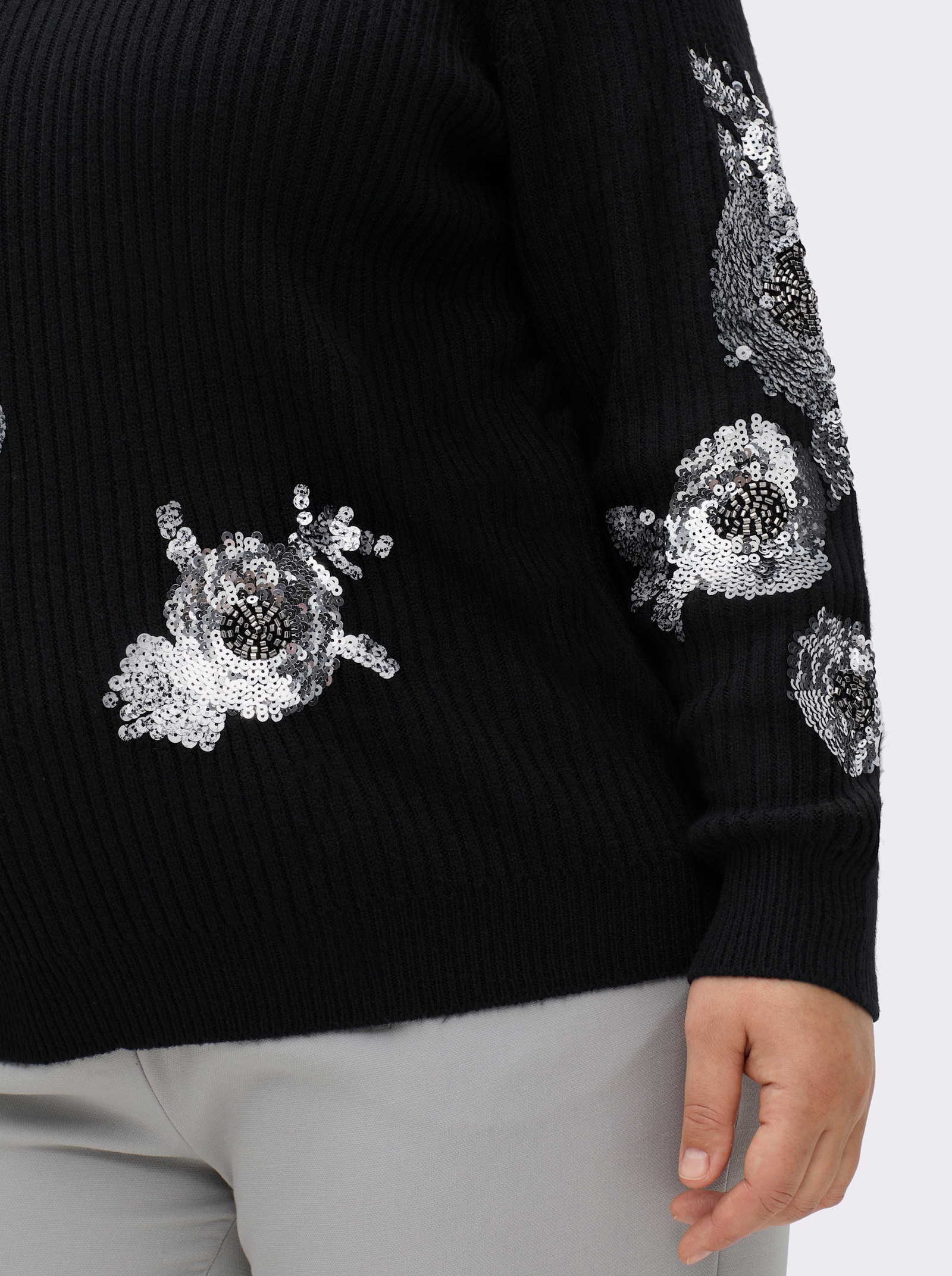 sheego by Joe Browns Pullover mit Stehkragen und Paillettenstickerei - schwarz-silberfarben-gemustert