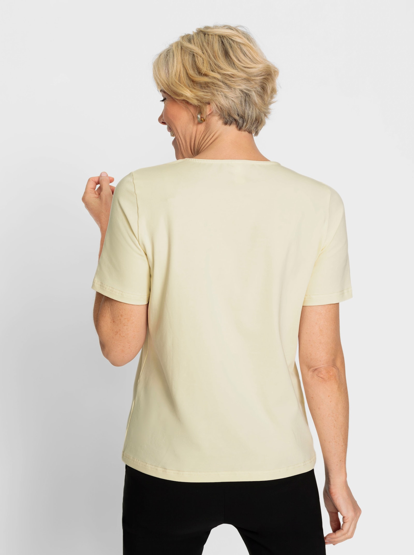 Rundhalsshirt mit Steinchenverzierung am Ausschnitt - vanille