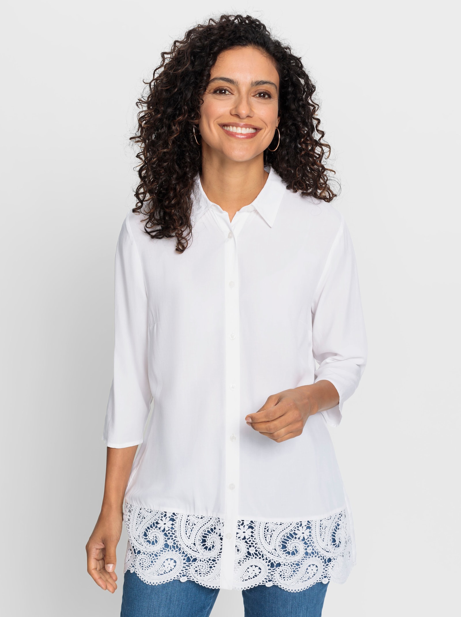 Longbluse mit Spitze am Saum - ecru