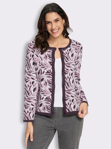 Jacquardstrickjacke mit floralem Allovermuster - aubergine-ecru-gemustert