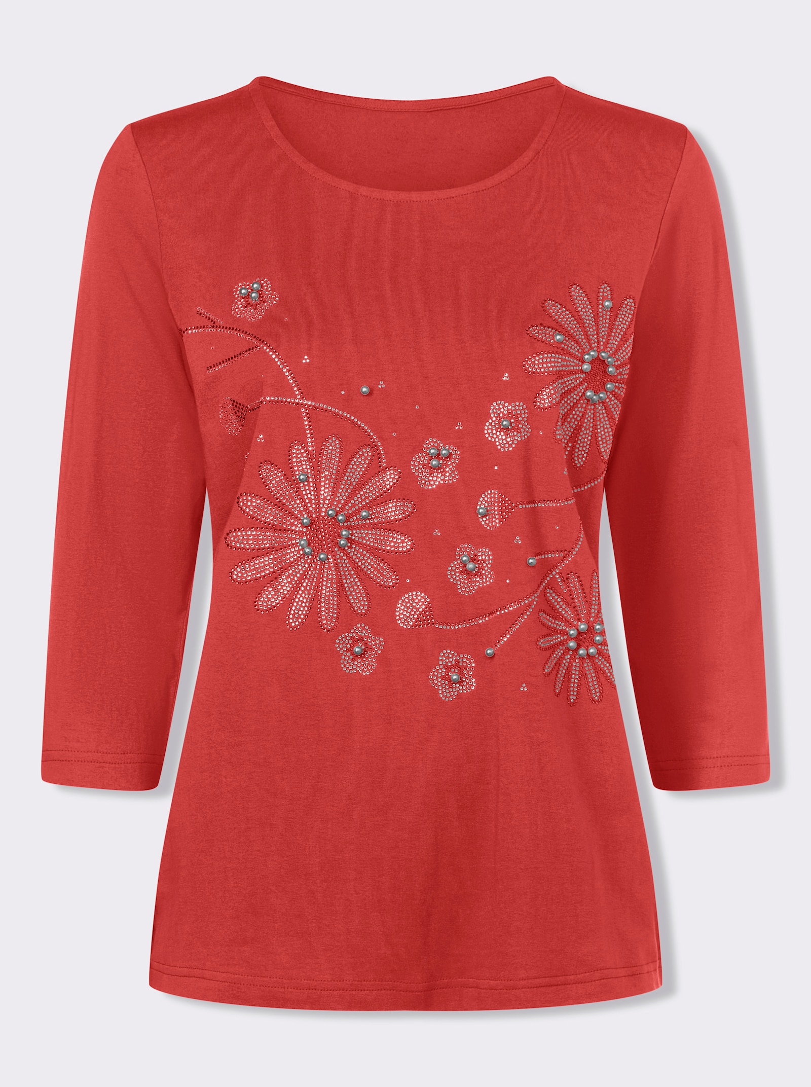 Rundhalsshirt mit Zierperlen und Glitzersteinchen - erdbeere