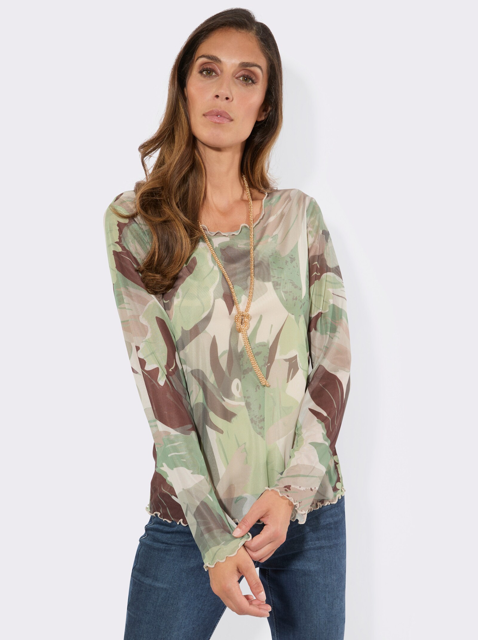 3/4-Arm-Shirt aus bedruckter Mesh-Qualität - pistazie-salbei-bedruckt