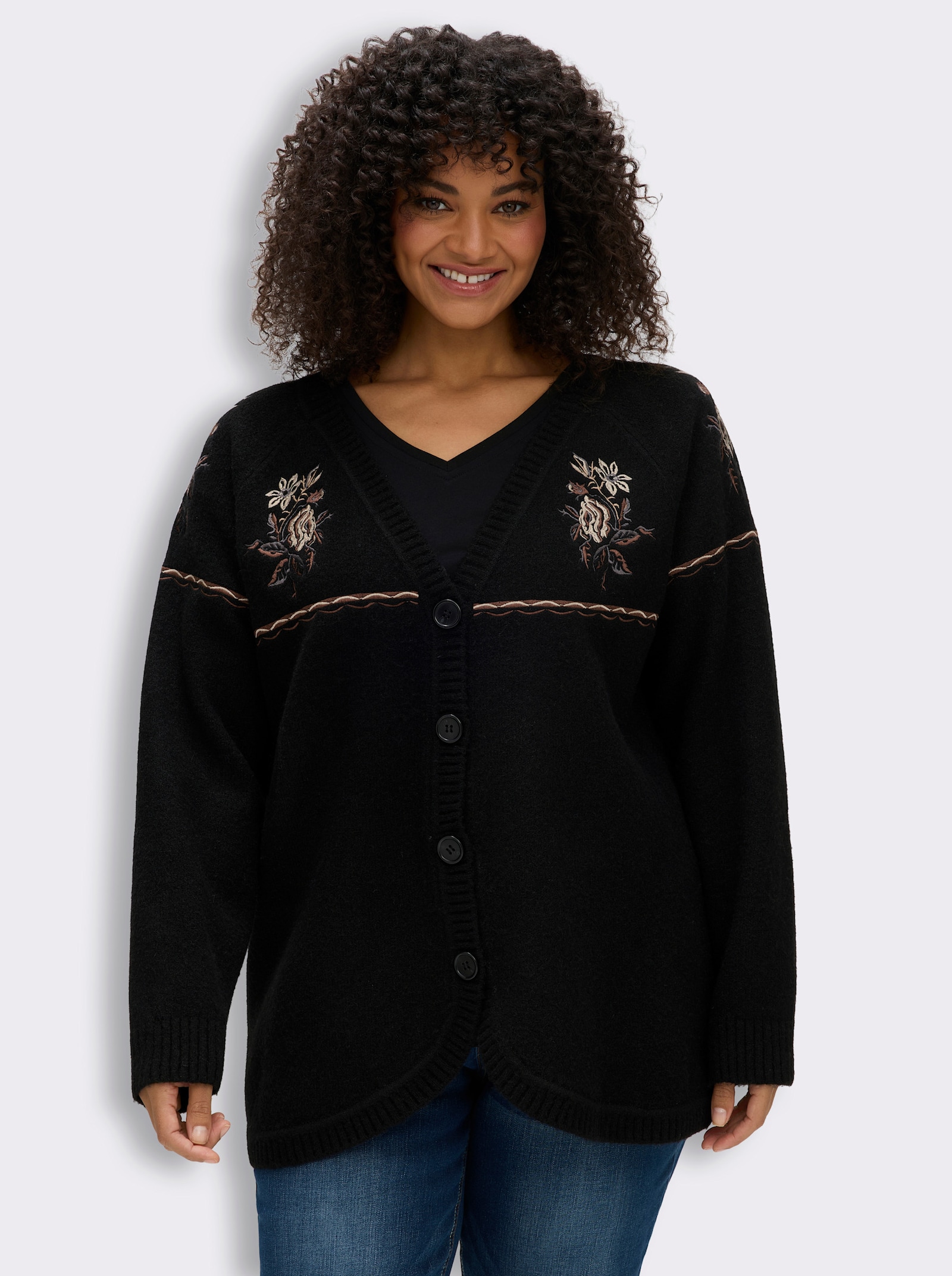 sheego Strickjacke mit floralem Intarsienmuster - schwarz-champagner-gemustert
