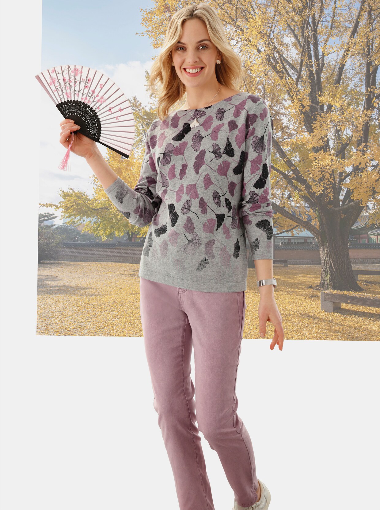 Langarm-Pullover - hellgrau-mauve-bedruckt