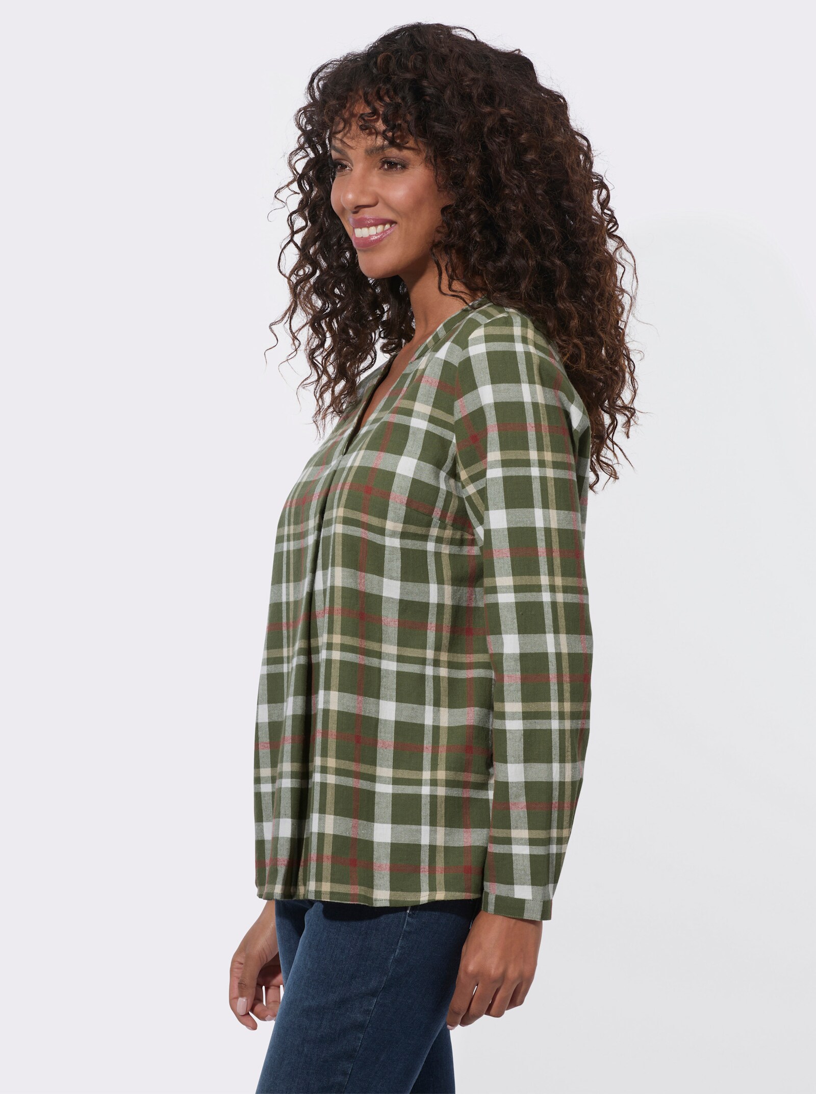 Flanellbluse aus reiner Baumwolle - oliv-rotbraun-kariert