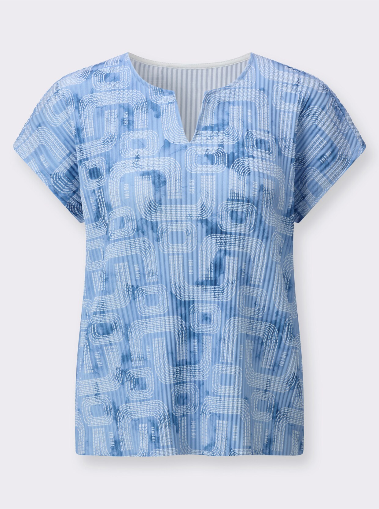Plissee-Shirt - himmelblau-ecru-bedruckt