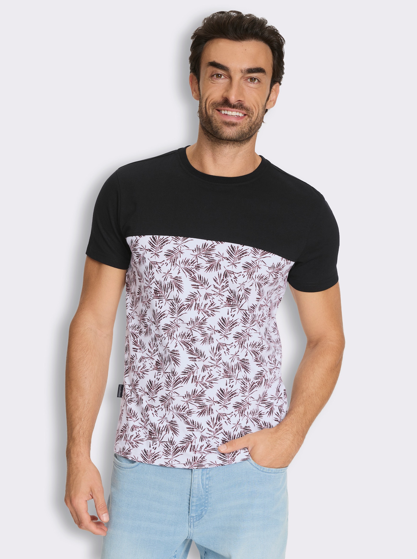 Marco Donati Kurzarmshirt im Mix aus Uni und Blumen-Print - schwarz-weiß-gemustert
