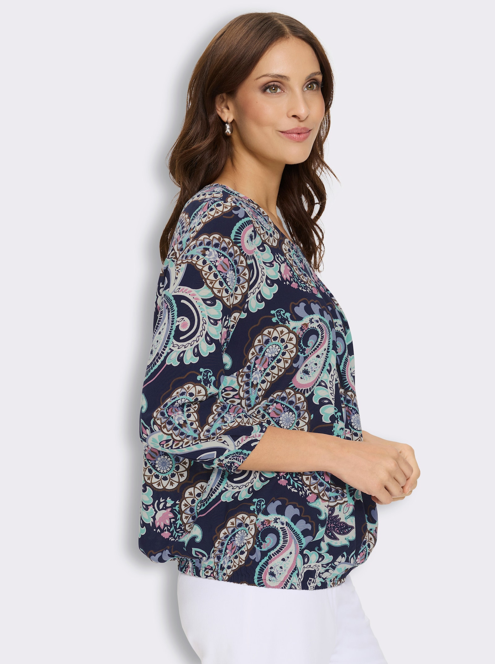 Druckbluse mit Gummibündchen - marine-bedruckt