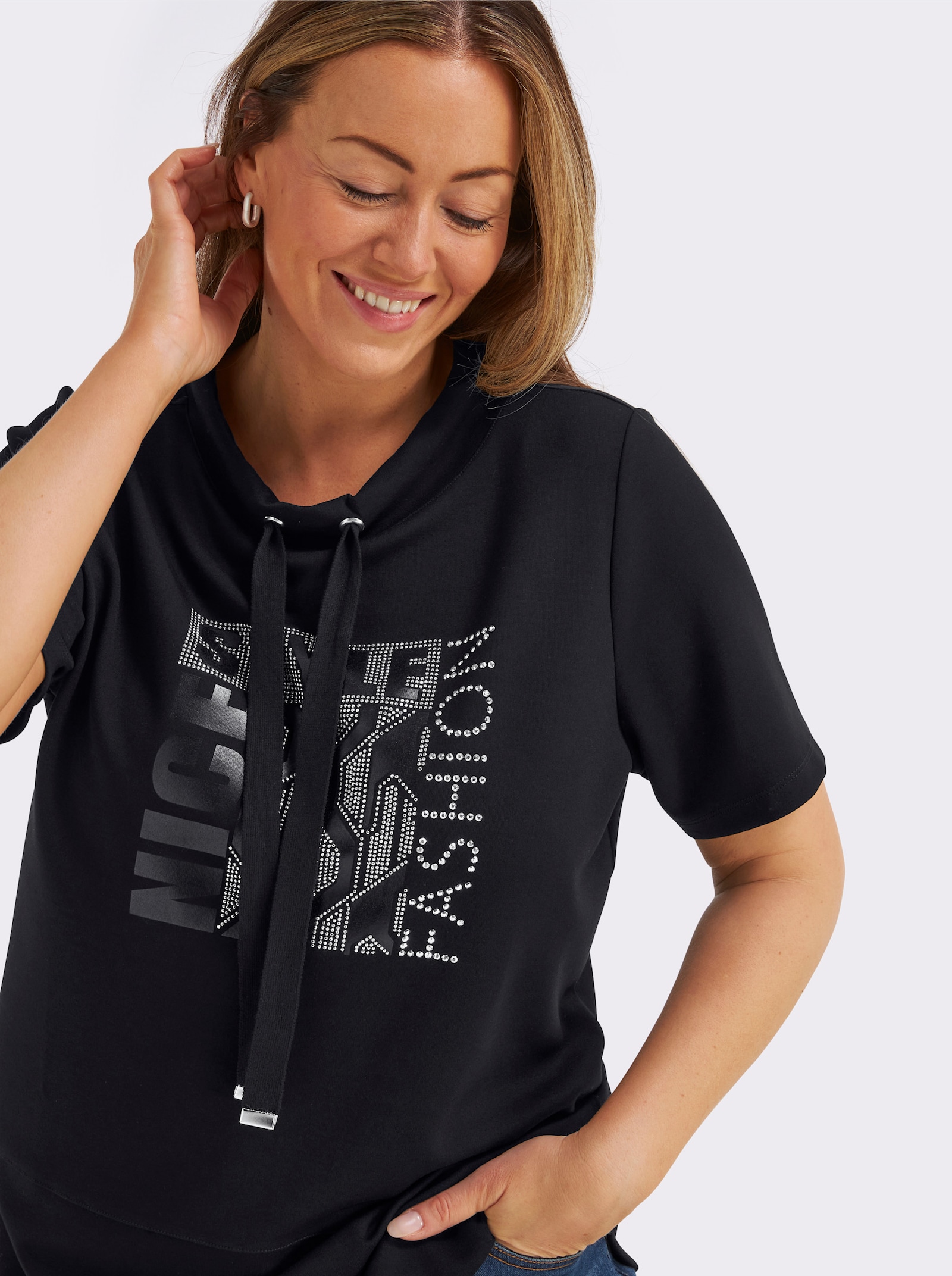 Kurzarmshirt mit Stehkragen - schwarz