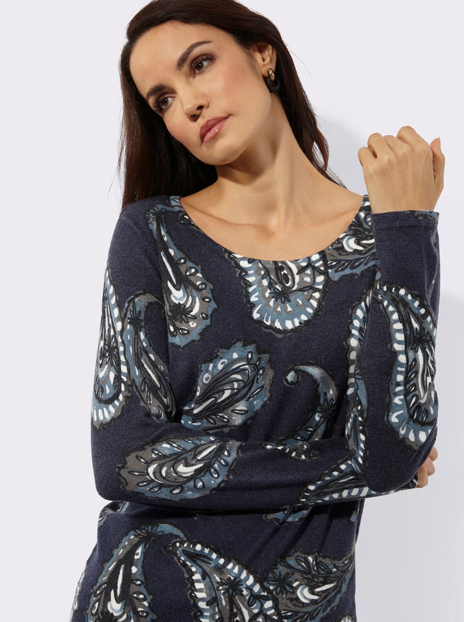Feinstrickpullover mit Paisley-Dessin - marine-bedruckt